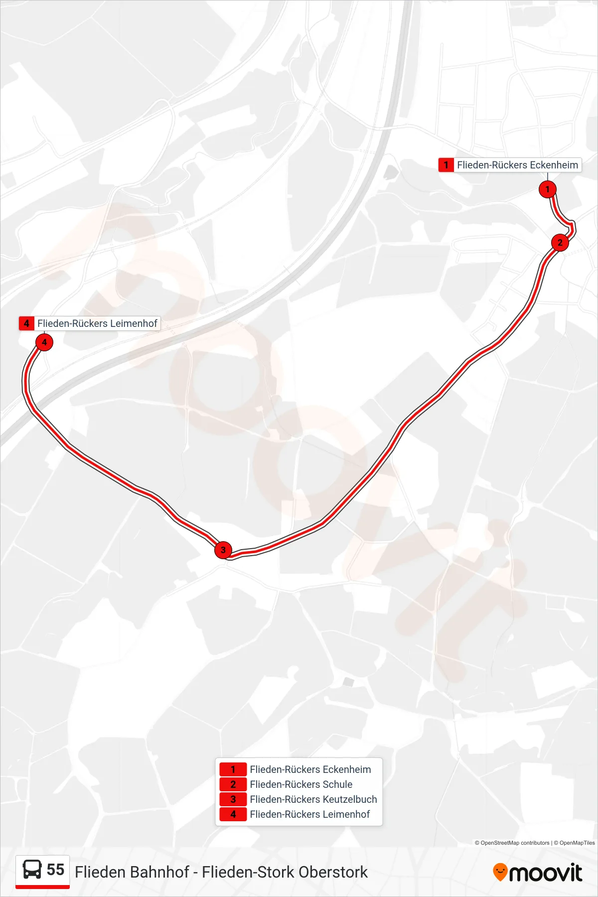 55 bus Line (Flieden-Rückers Leimenhof) route and stops on a map