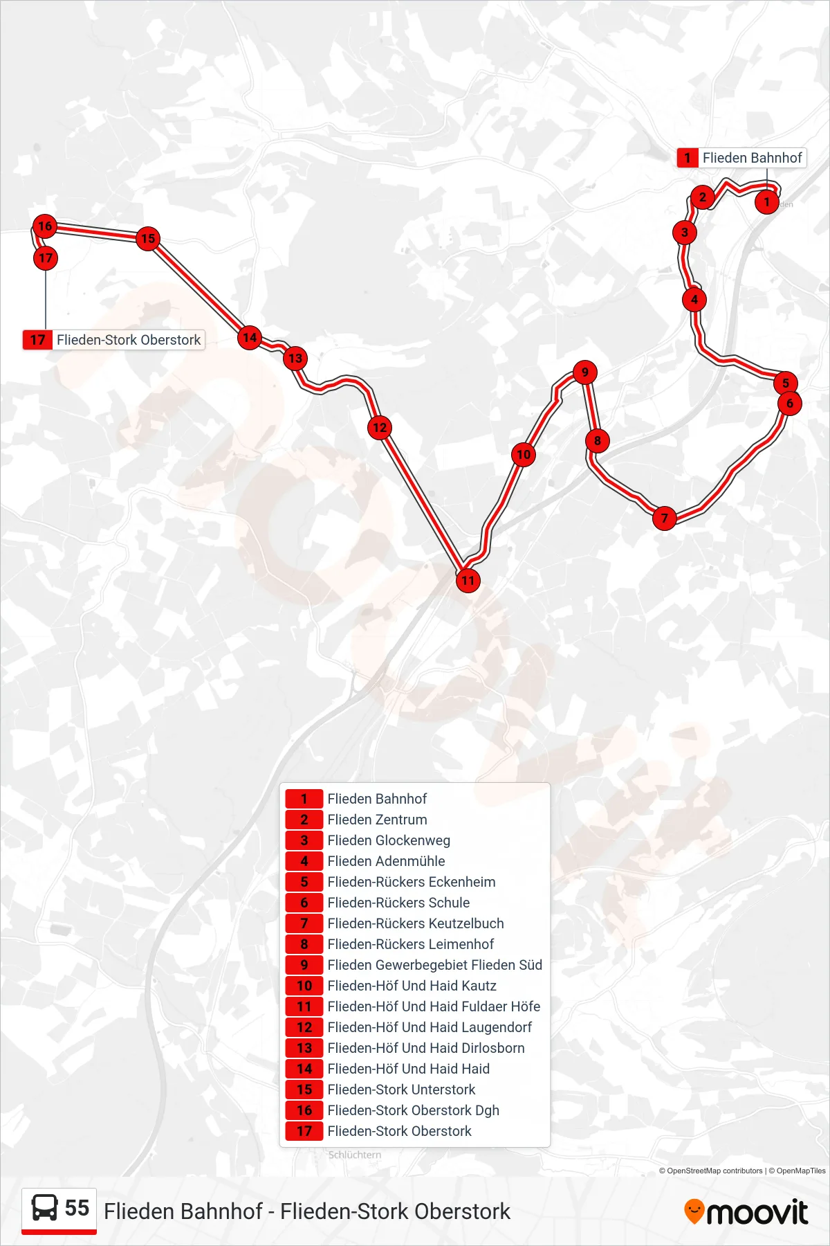 55 bus Line (Flieden-Stork Oberstork) route and stops on a map