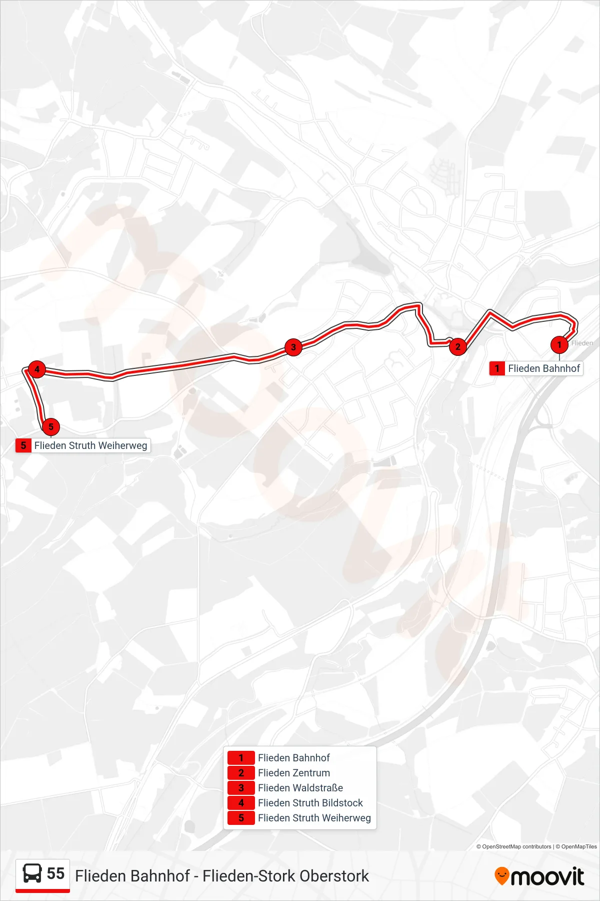 55 bus Line (Flieden Struth Weiherweg) route and stops on a map