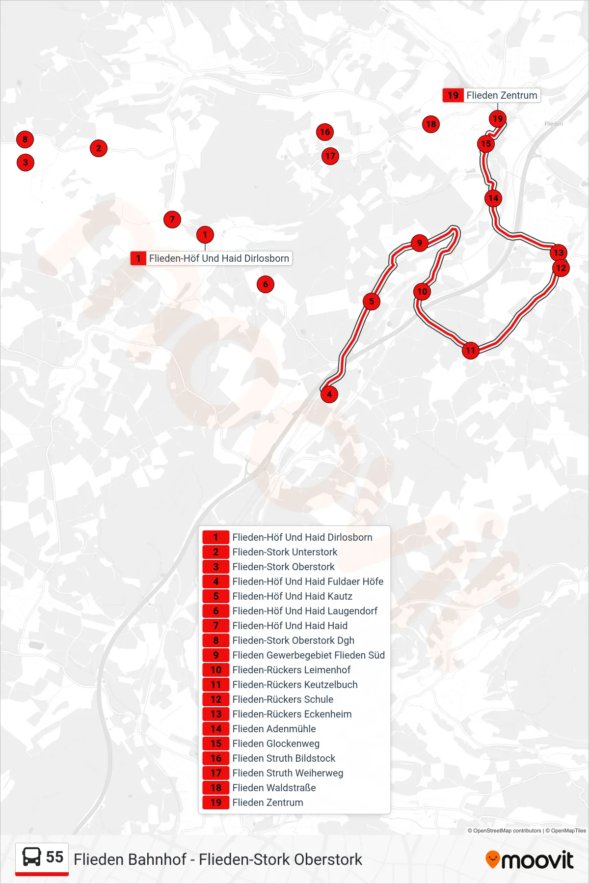 Linie 55 (Bus) Richtung Flieden Zentrum: Route und Haltestellen auf der Karte