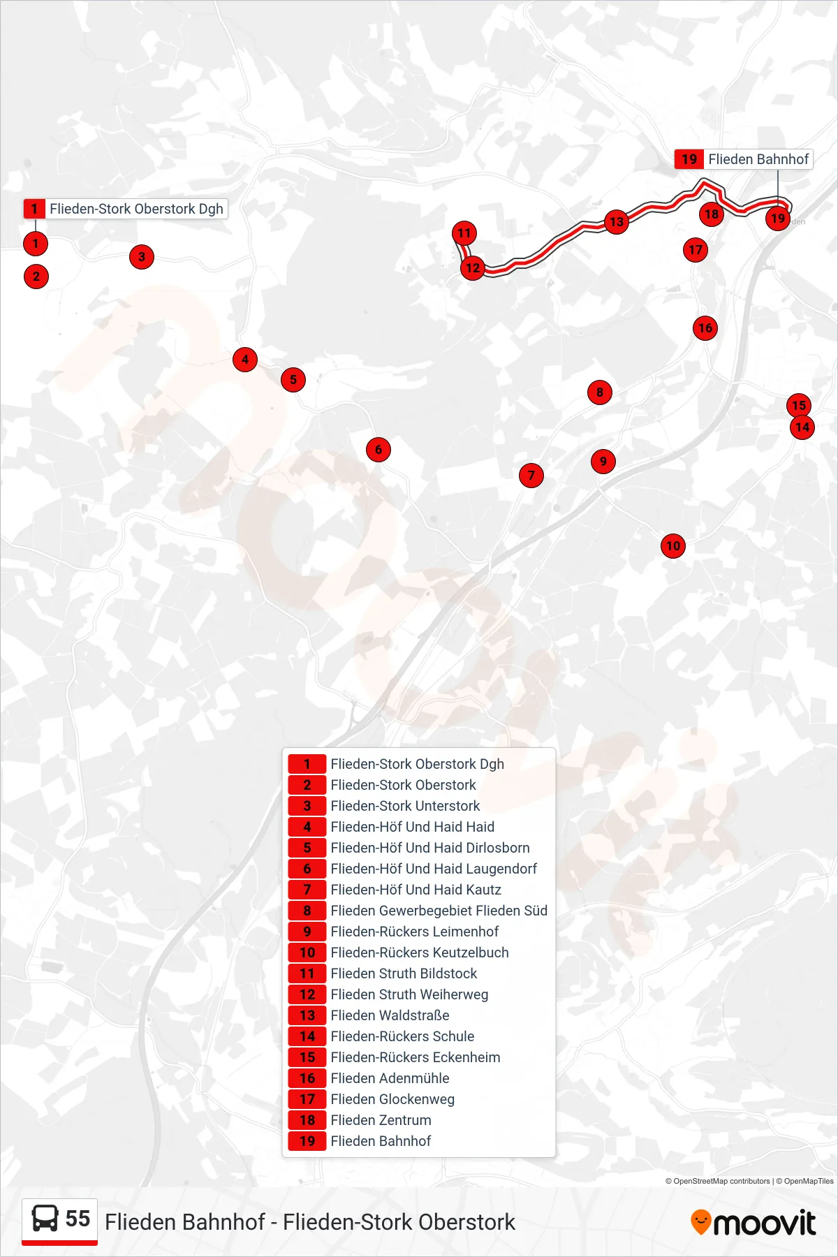 55 bus Line (Flieden Bahnhof) route and stops on a map