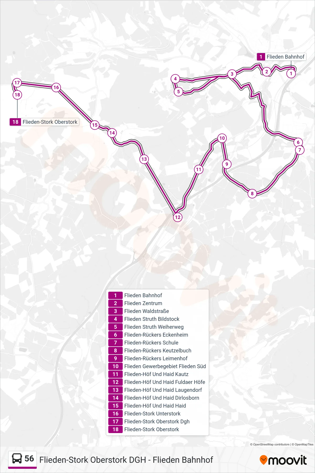 56 bus Line (Flieden-Stork Oberstork) route and stops on a map