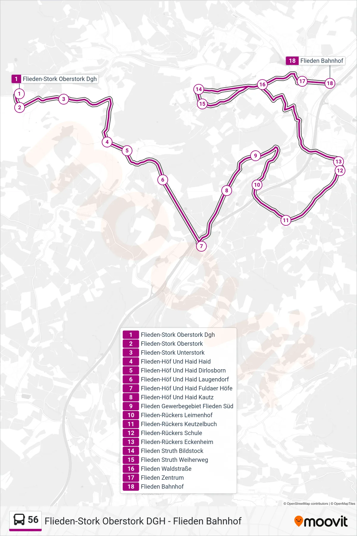 Linie 56 (Bus) Richtung Flieden Bahnhof: Route und Haltestellen auf der Karte