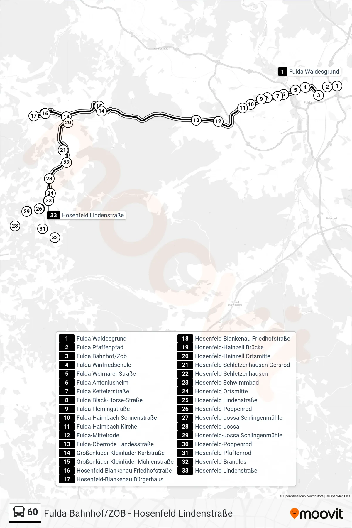 60 bus Line (Hosenfeld Lindenstraße) route and stops on a map