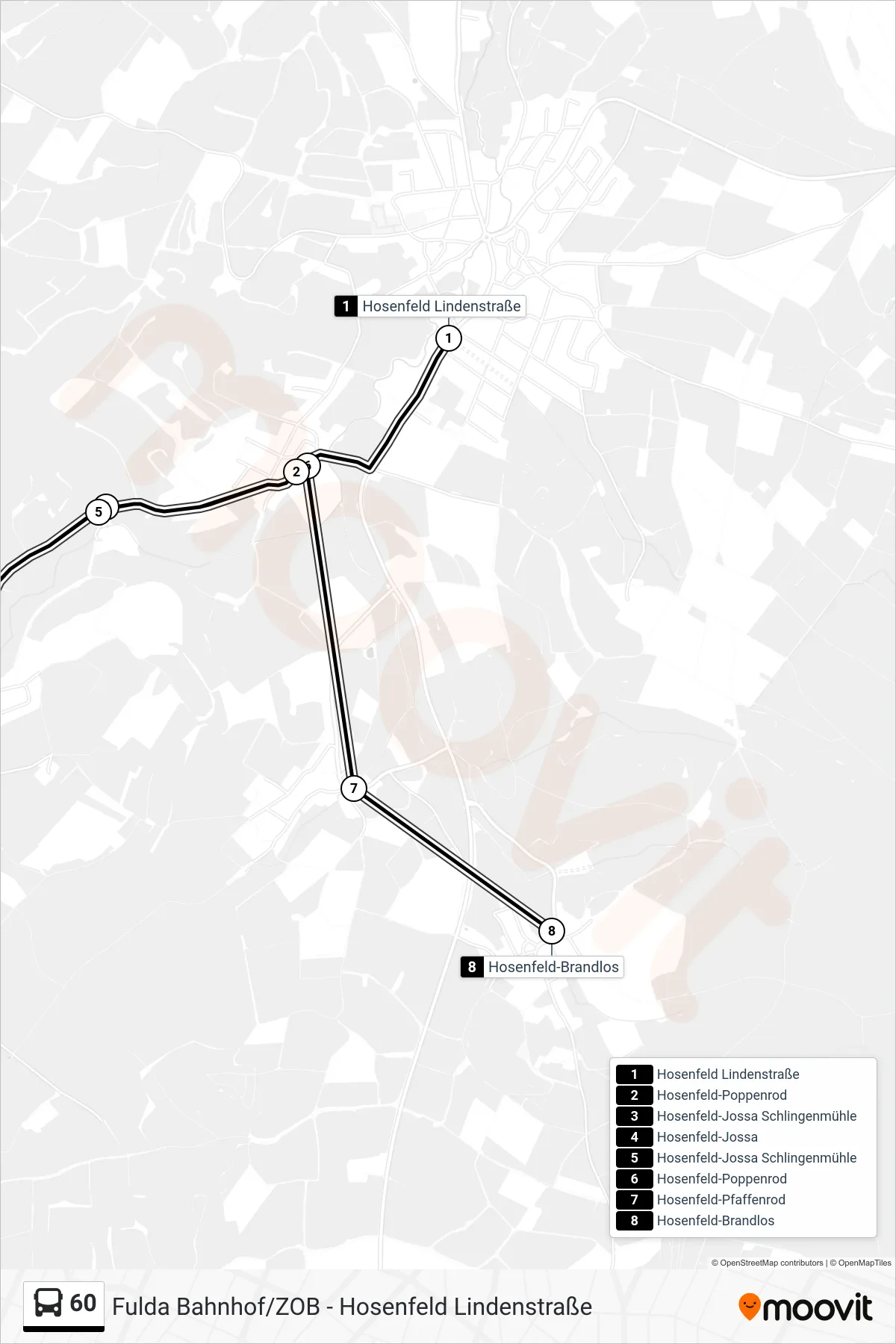 60 bus Line (Hosenfeld-Brandlos) route and stops on a map