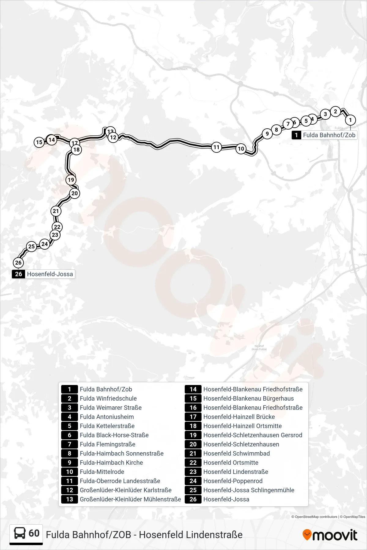 60 bus Line (Hosenfeld-Jossa) route and stops on a map