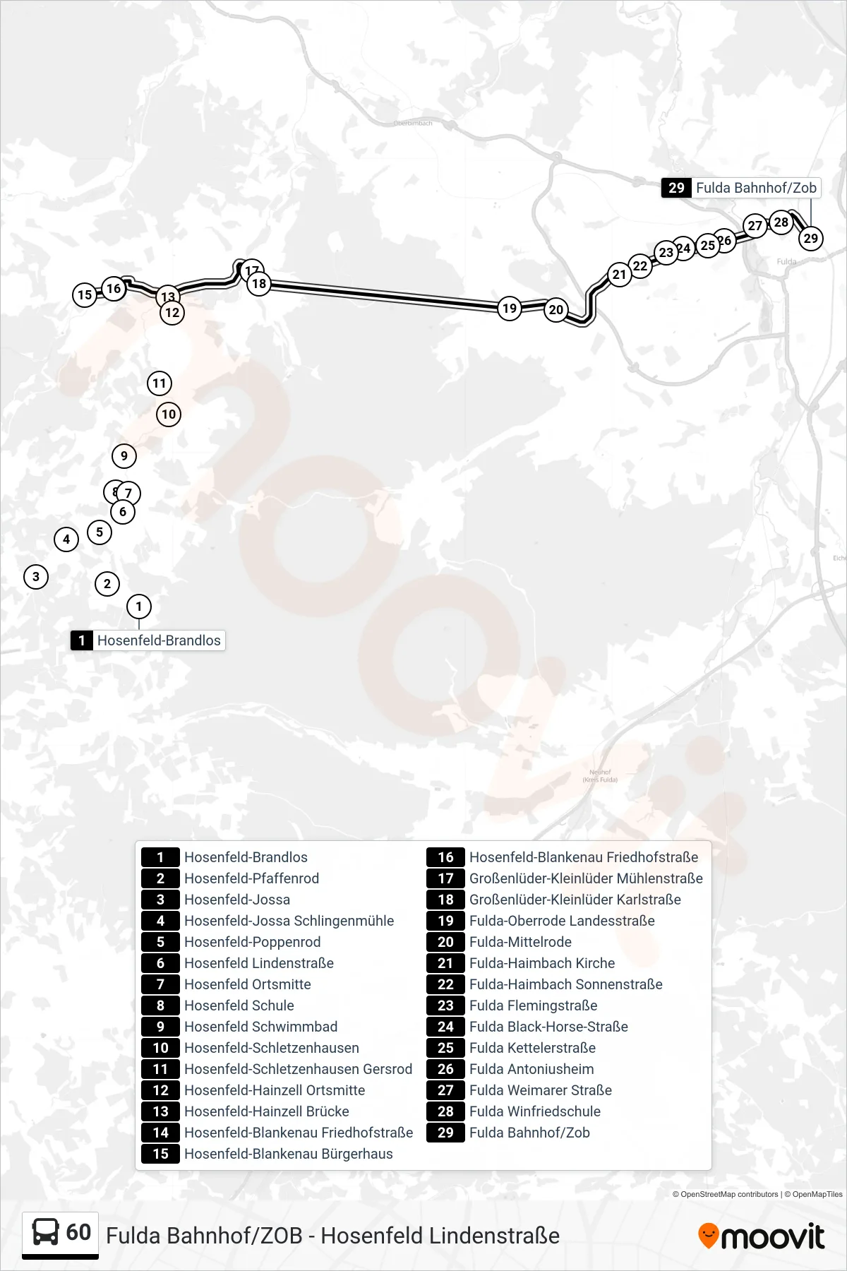 60 bus Line (Fulda Bahnhof/Zob) route and stops on a map