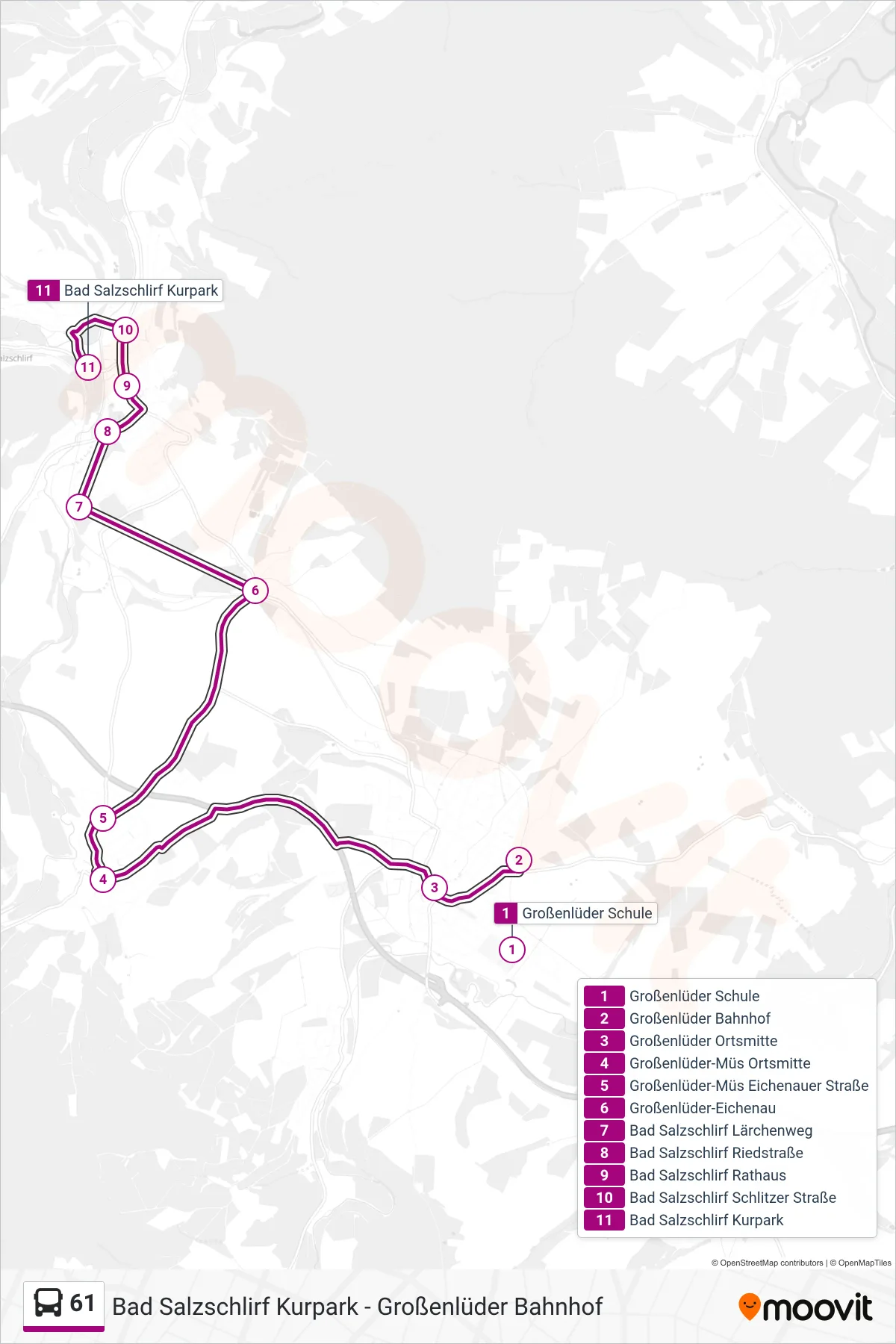 61 bus Line (Bad Salzschlirf Kurpark) route and stops on a map