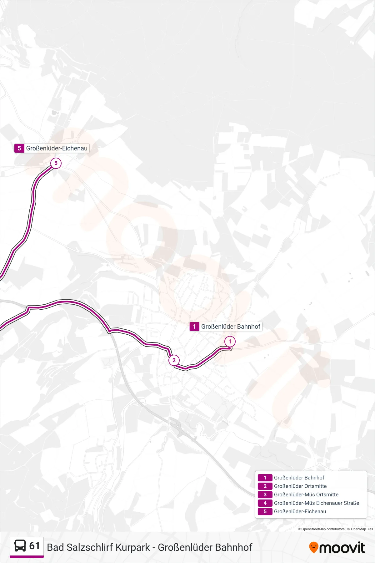 61 bus Line (Großenlüder-Eichenau) route and stops on a map