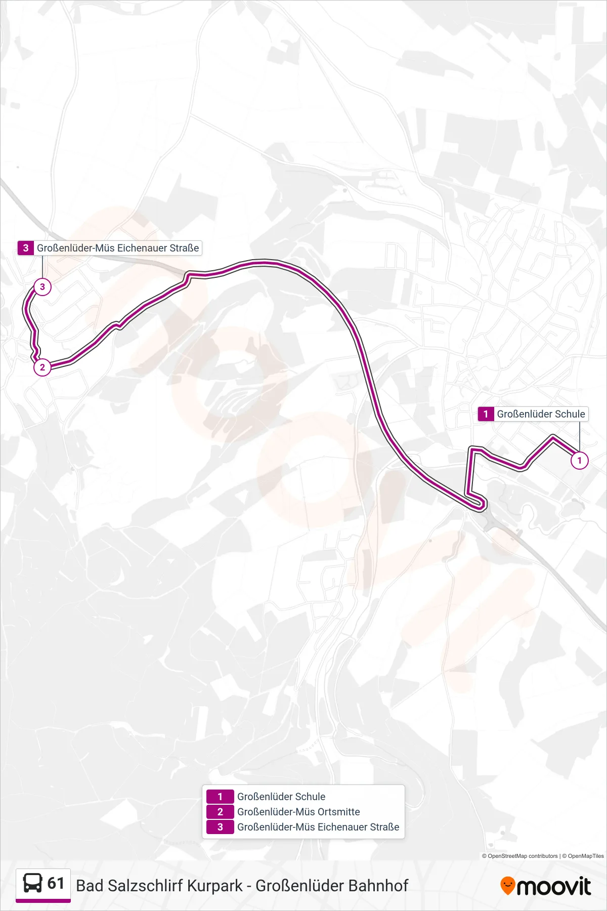 61 bus Line (Großenlüder-Müs Eichenauer Straße) route and stops on a map