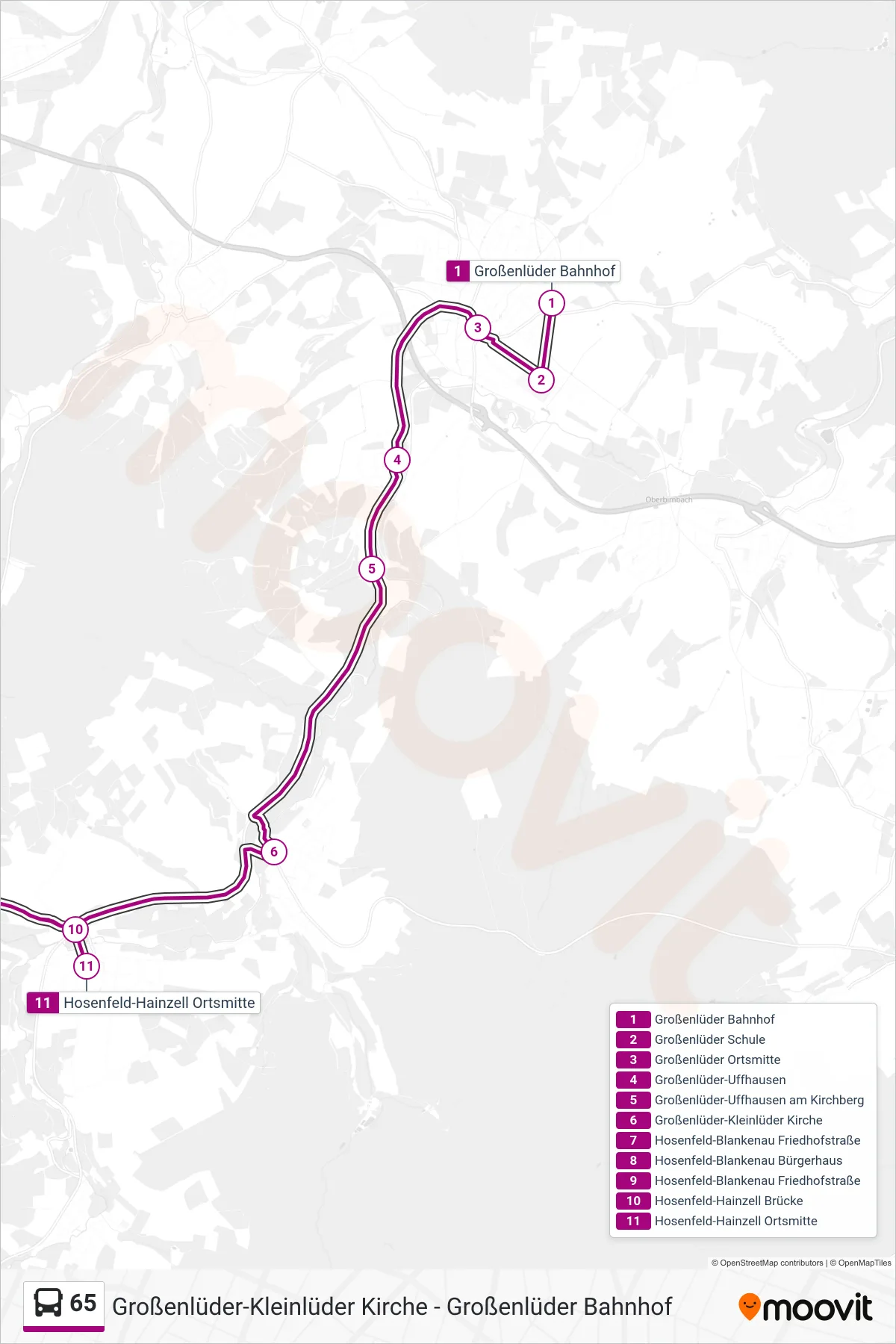 65 bus Line (Hosenfeld-Hainzell Ortsmitte) route and stops on a map