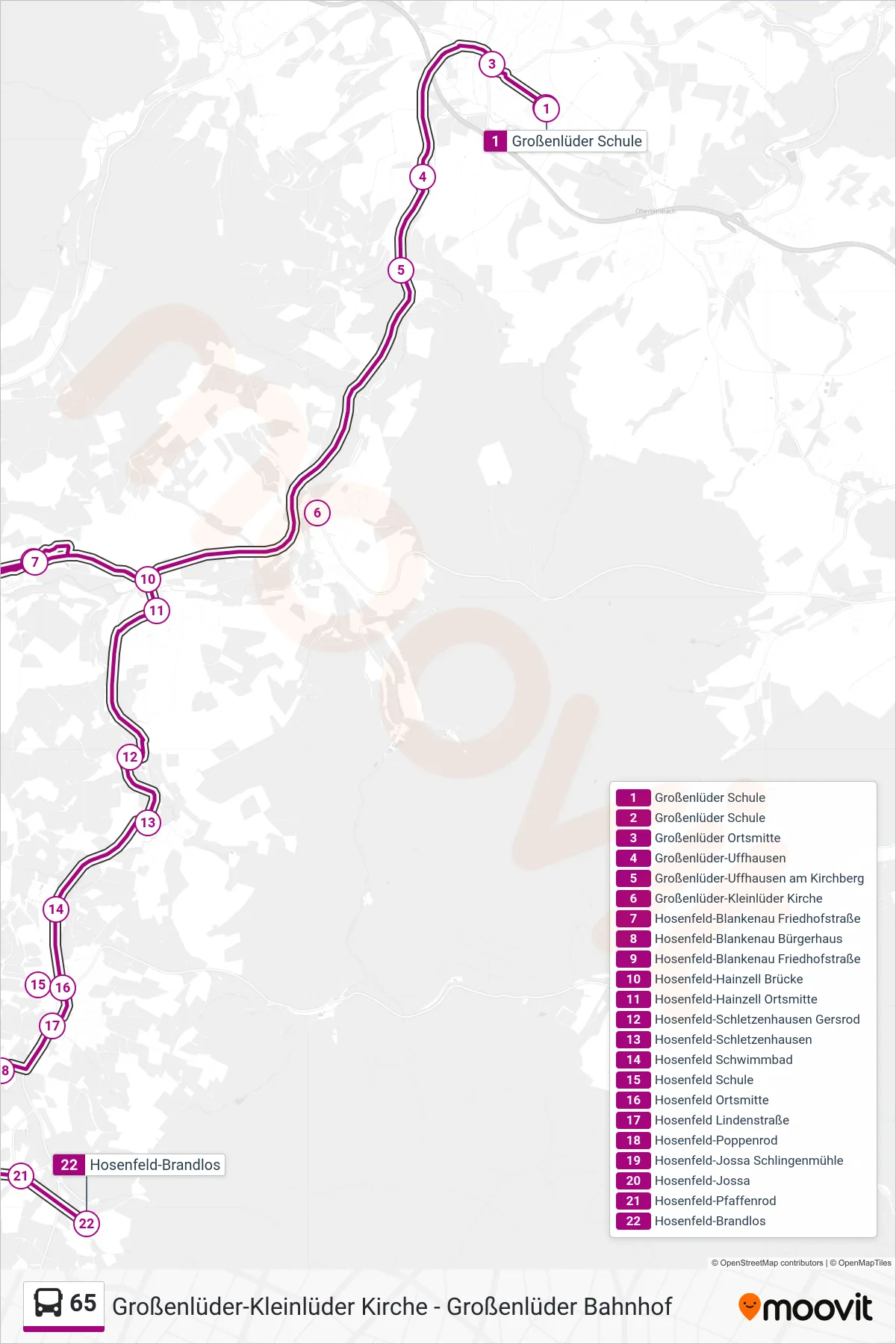 65 bus Line (Hosenfeld-Brandlos) route and stops on a map
