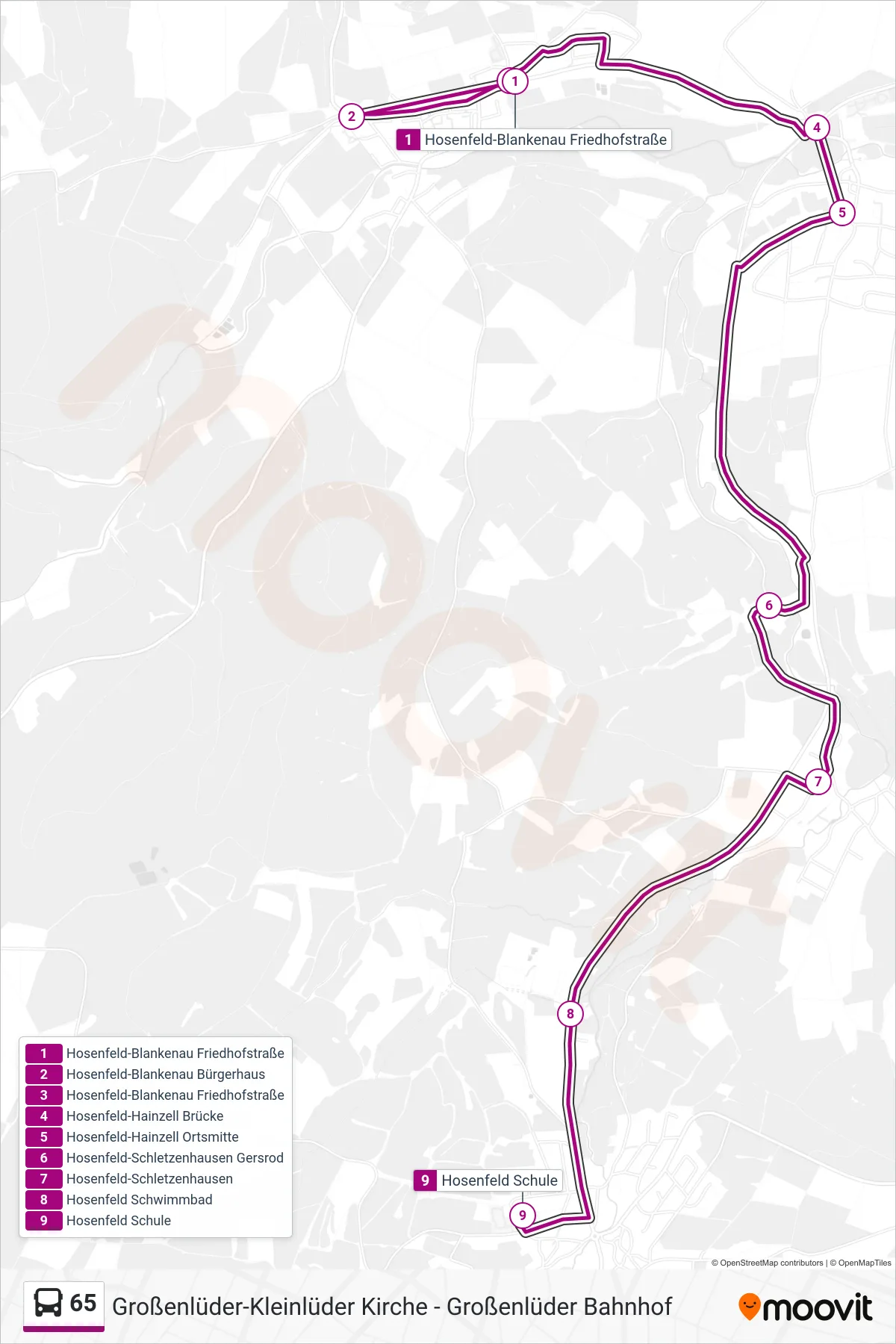 65 bus Line (Hosenfeld Schule) route and stops on a map