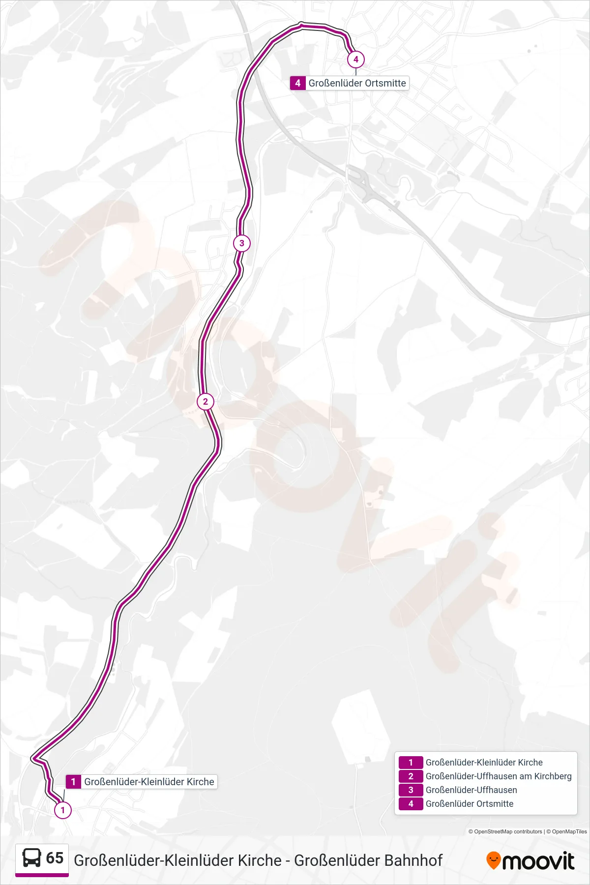 65 bus Line (Großenlüder Ortsmitte) route and stops on a map