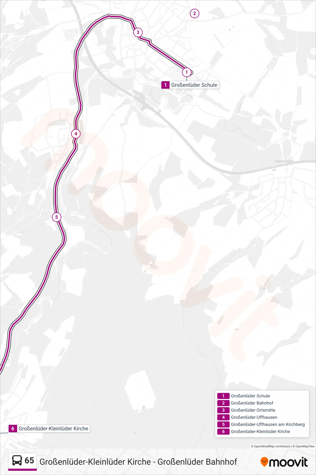 65 bus Line (Großenlüder-Kleinlüder Kirche) route and stops on a map