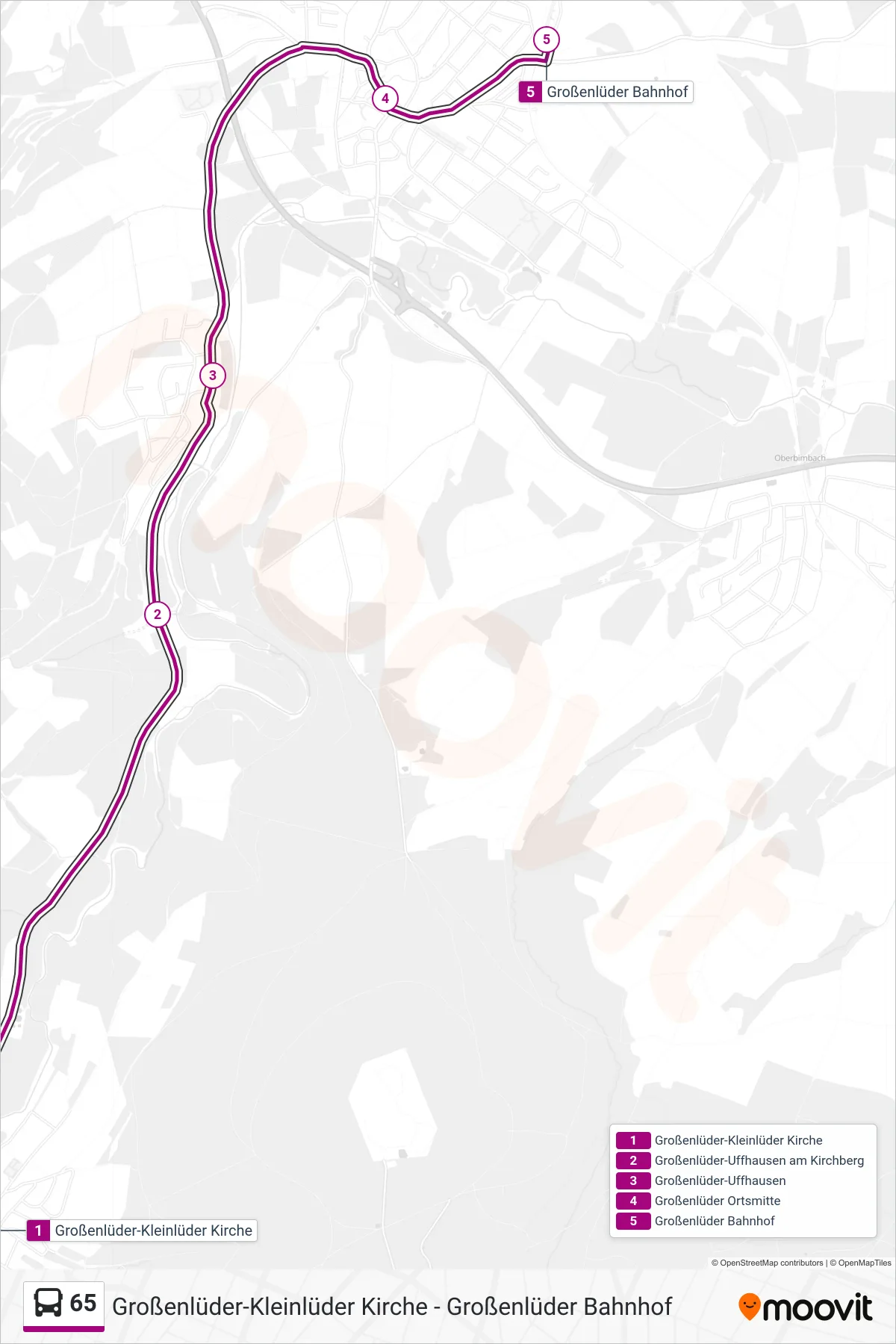 65 bus Line (Großenlüder Bahnhof) route and stops on a map