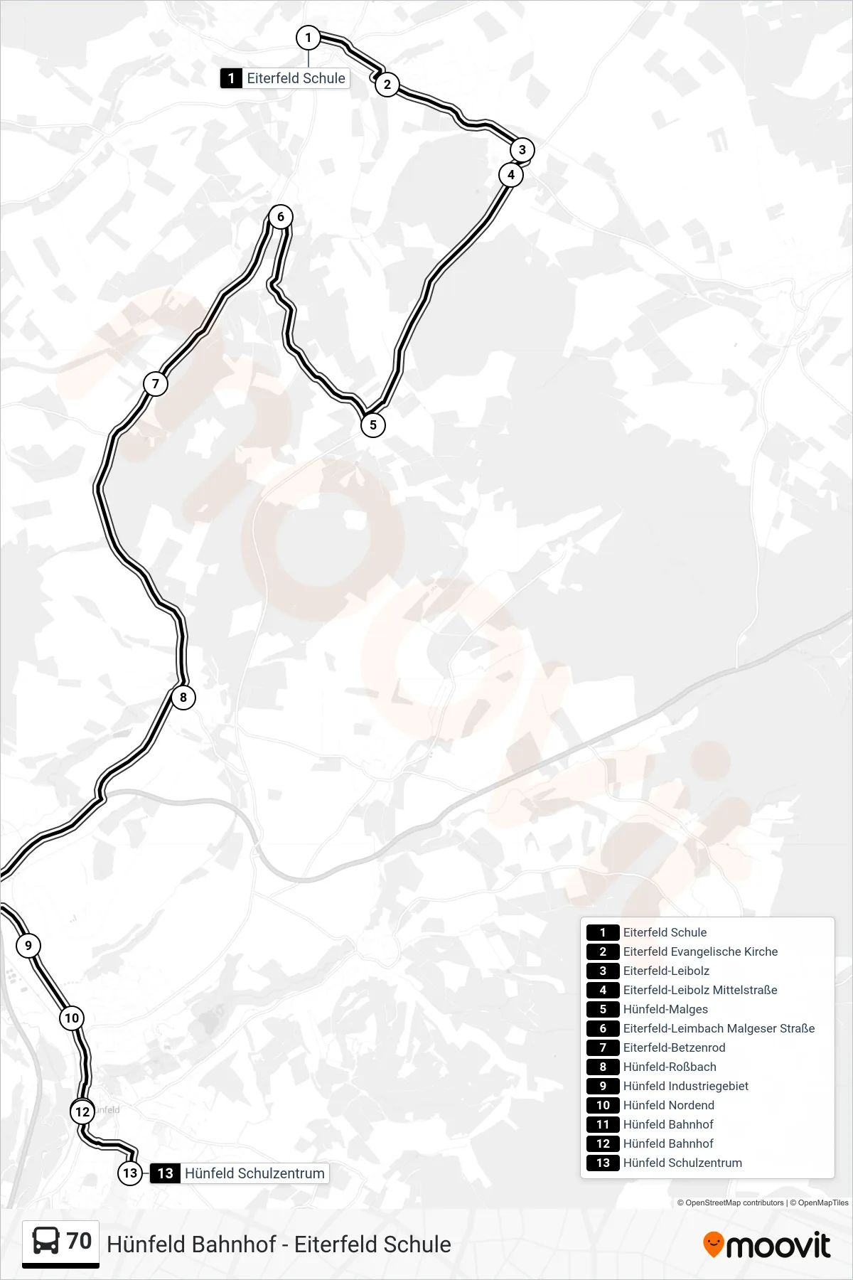 Linie 70 (Bus) Richtung Hünfeld Schulzentrum: Route und Haltestellen auf der Karte
