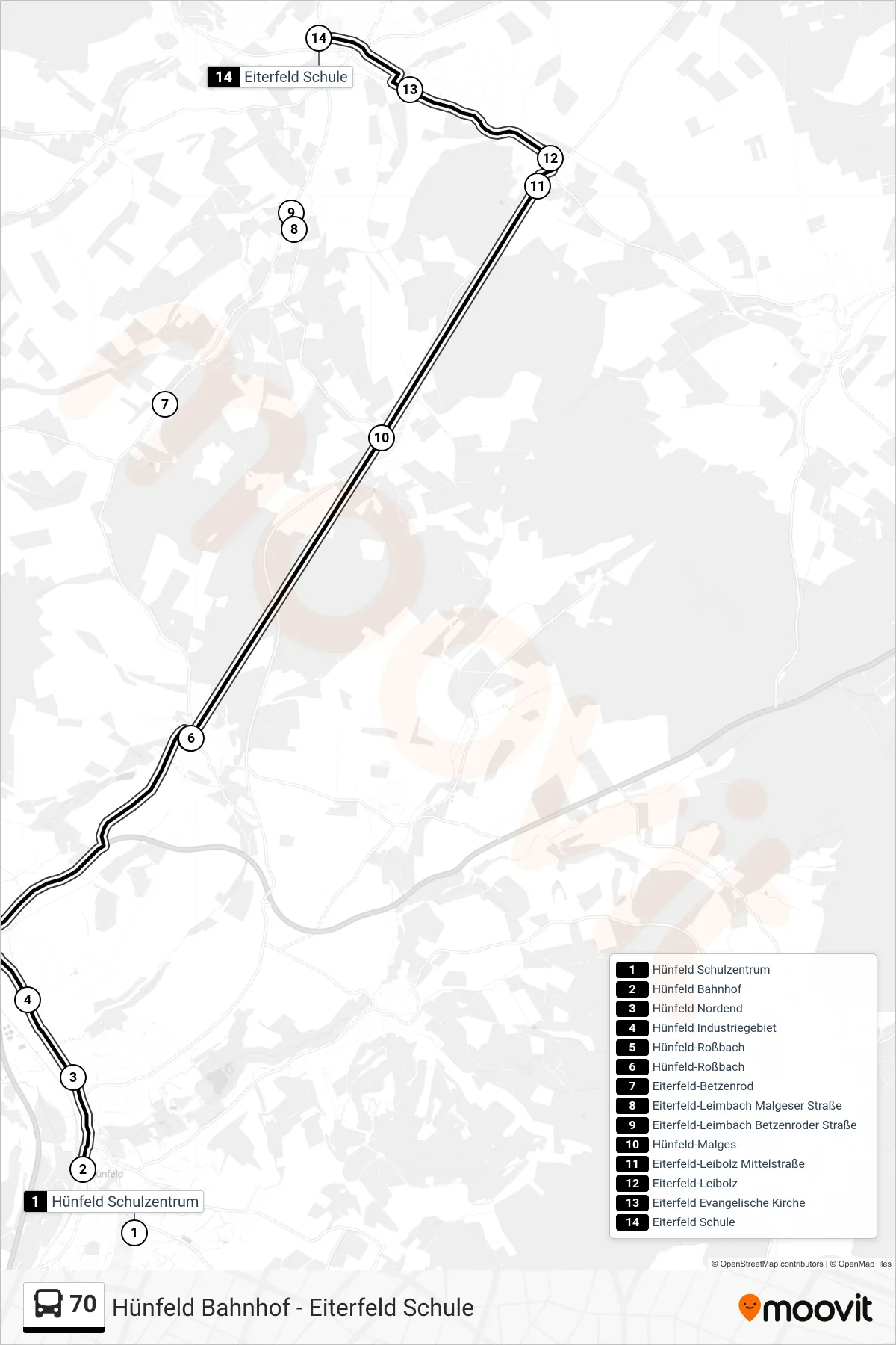 70 bus Line (Eiterfeld Schule) route and stops on a map