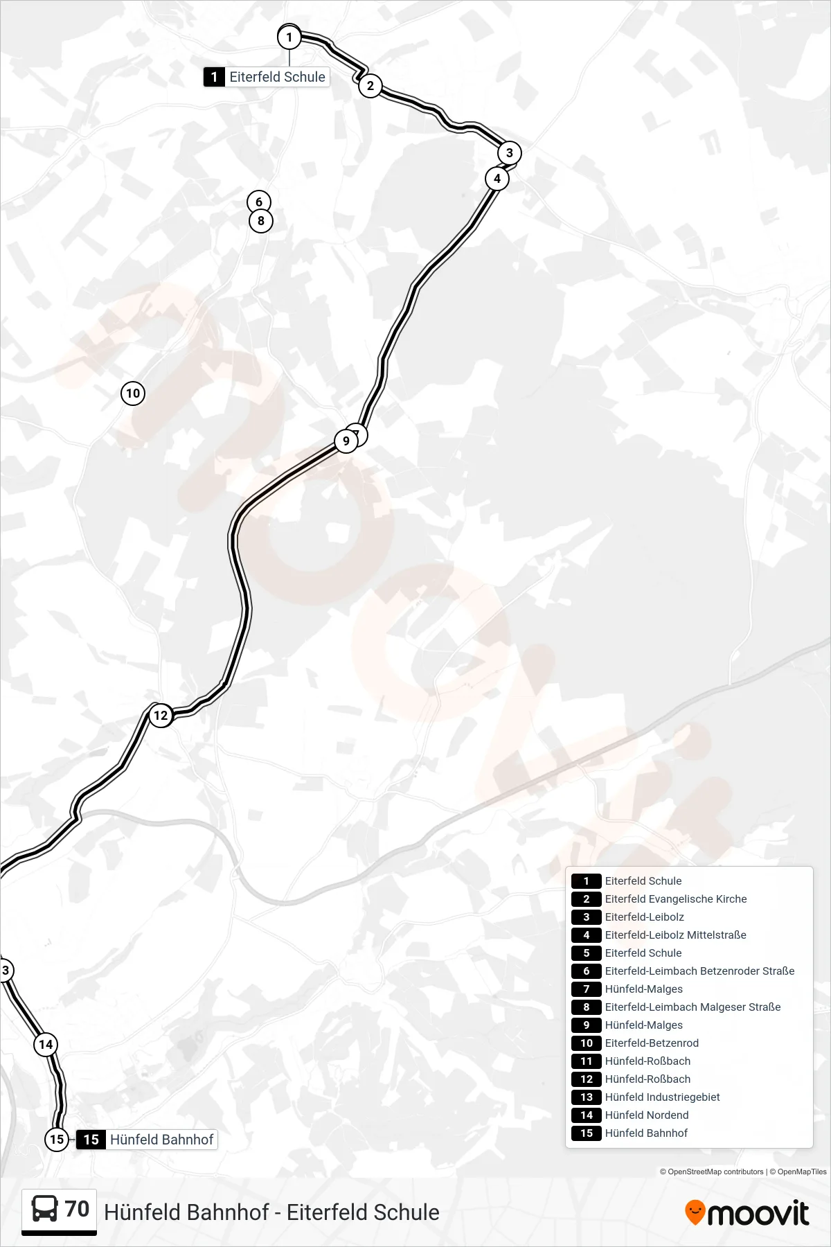 70 bus Line (Hünfeld Bahnhof) route and stops on a map