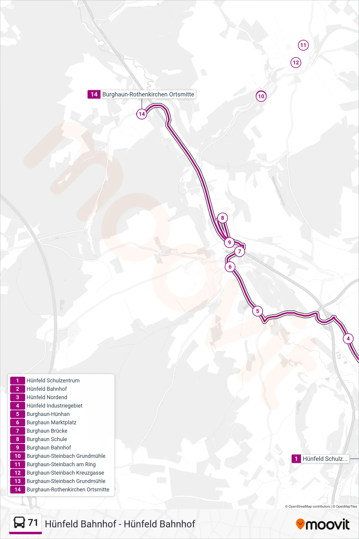 71 bus Line (Burghaun-Rothenkirchen Ortsmitte) route and stops on a map