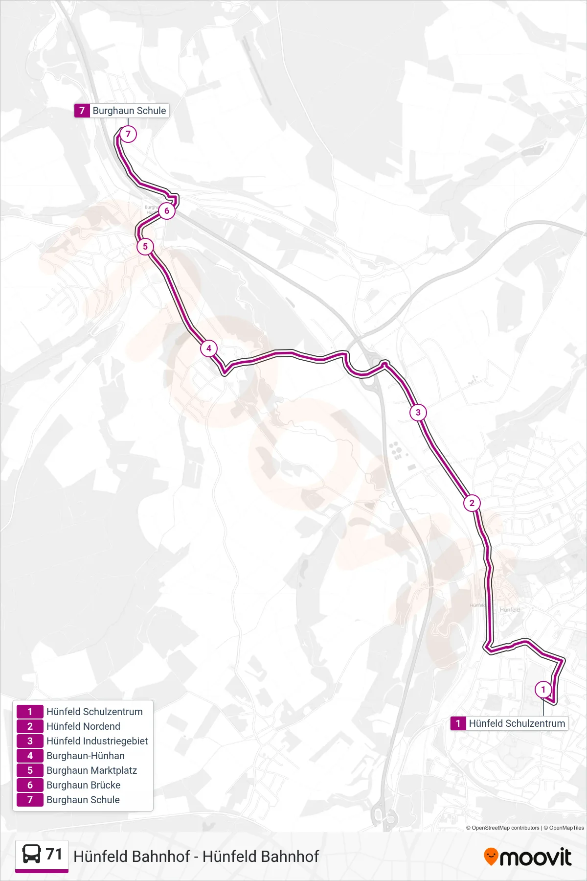 71 bus Line (Burghaun Schule) route and stops on a map