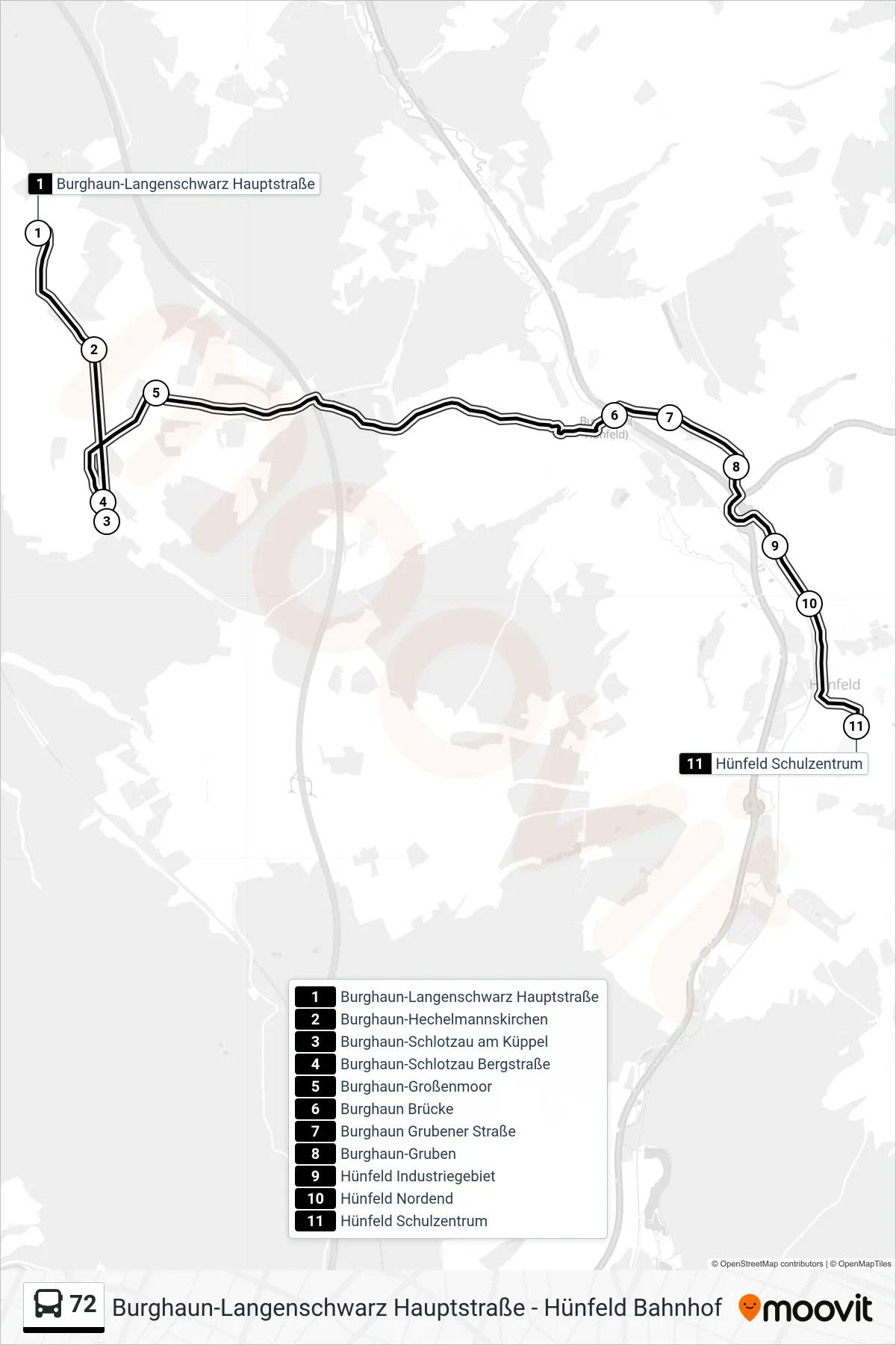 72 bus Line (Hünfeld Schulzentrum) route and stops on a map