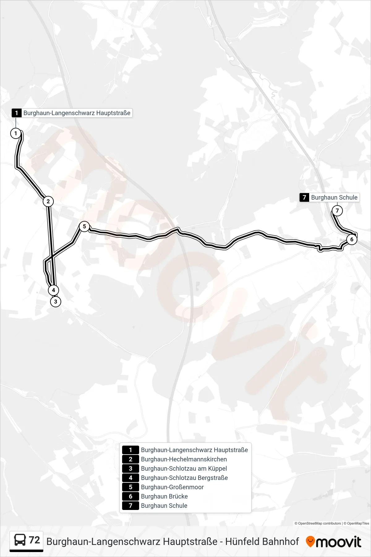 72 bus Line (Burghaun Schule) route and stops on a map