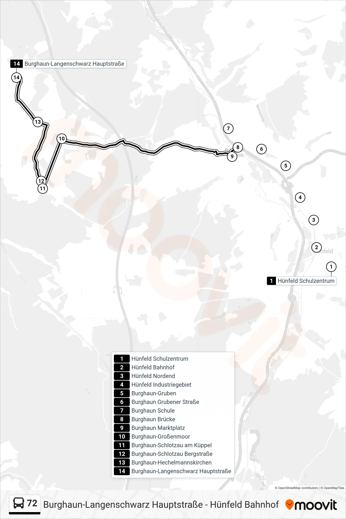 72 bus Line (Burghaun-Langenschwarz Hauptstraße) route and stops on a map