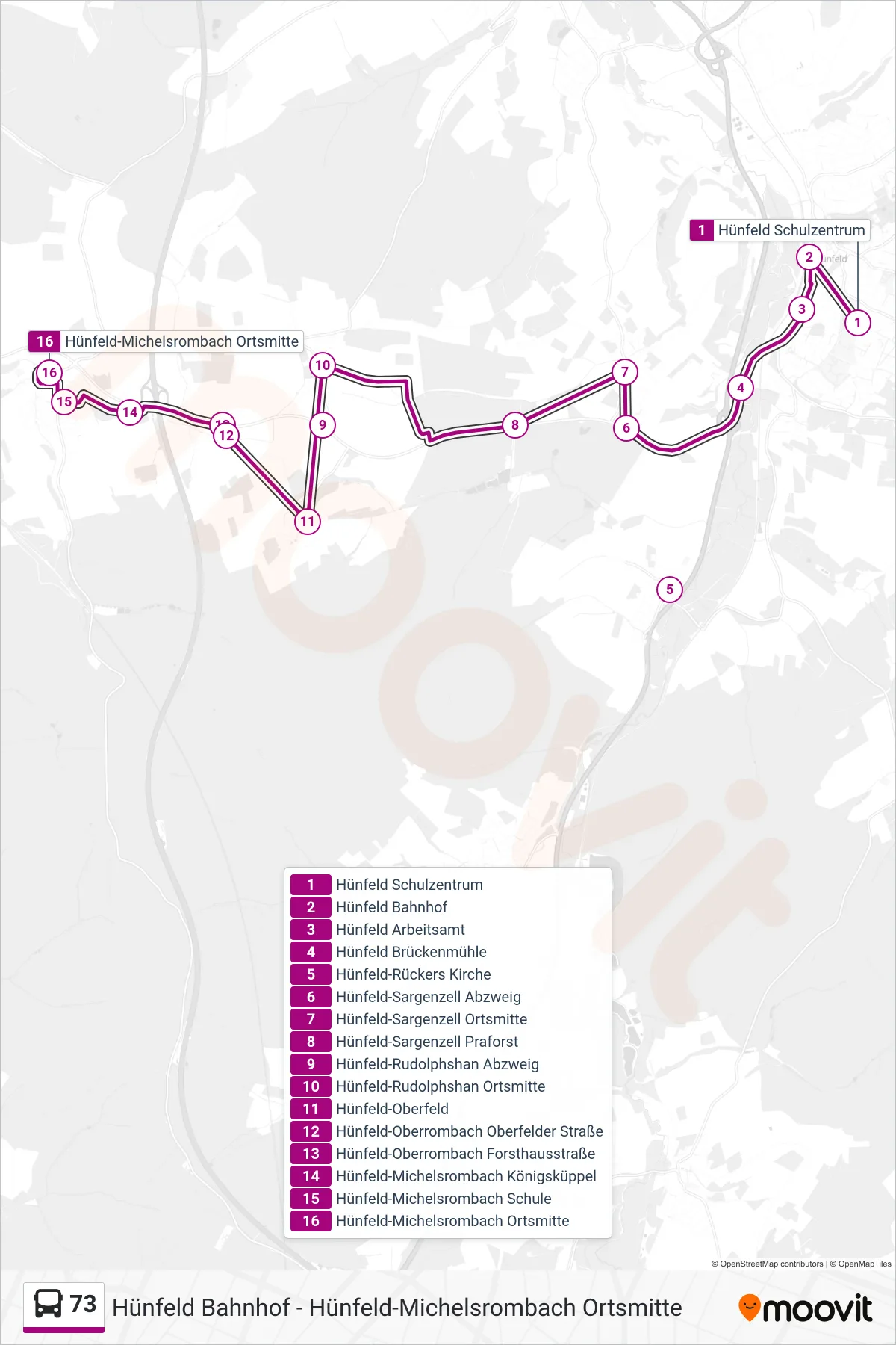 Linie 73 (Bus) Richtung Hünfeld-Michelsrombach Ortsmitte: Route und Haltestellen auf der Karte