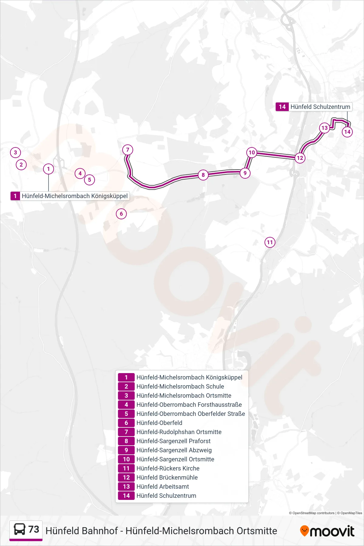 73 bus Line (Hünfeld Schulzentrum) route and stops on a map