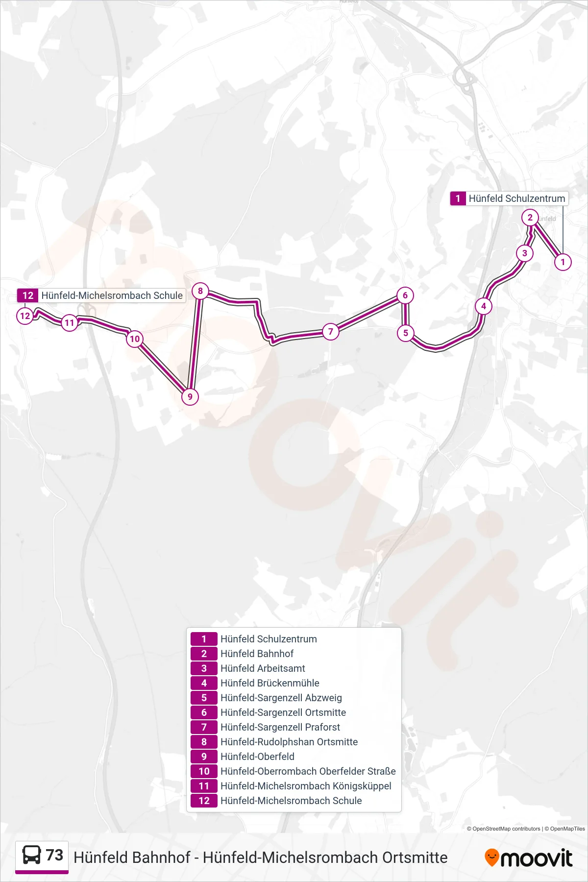 73 bus Line (Hünfeld-Michelsrombach Schule) route and stops on a map