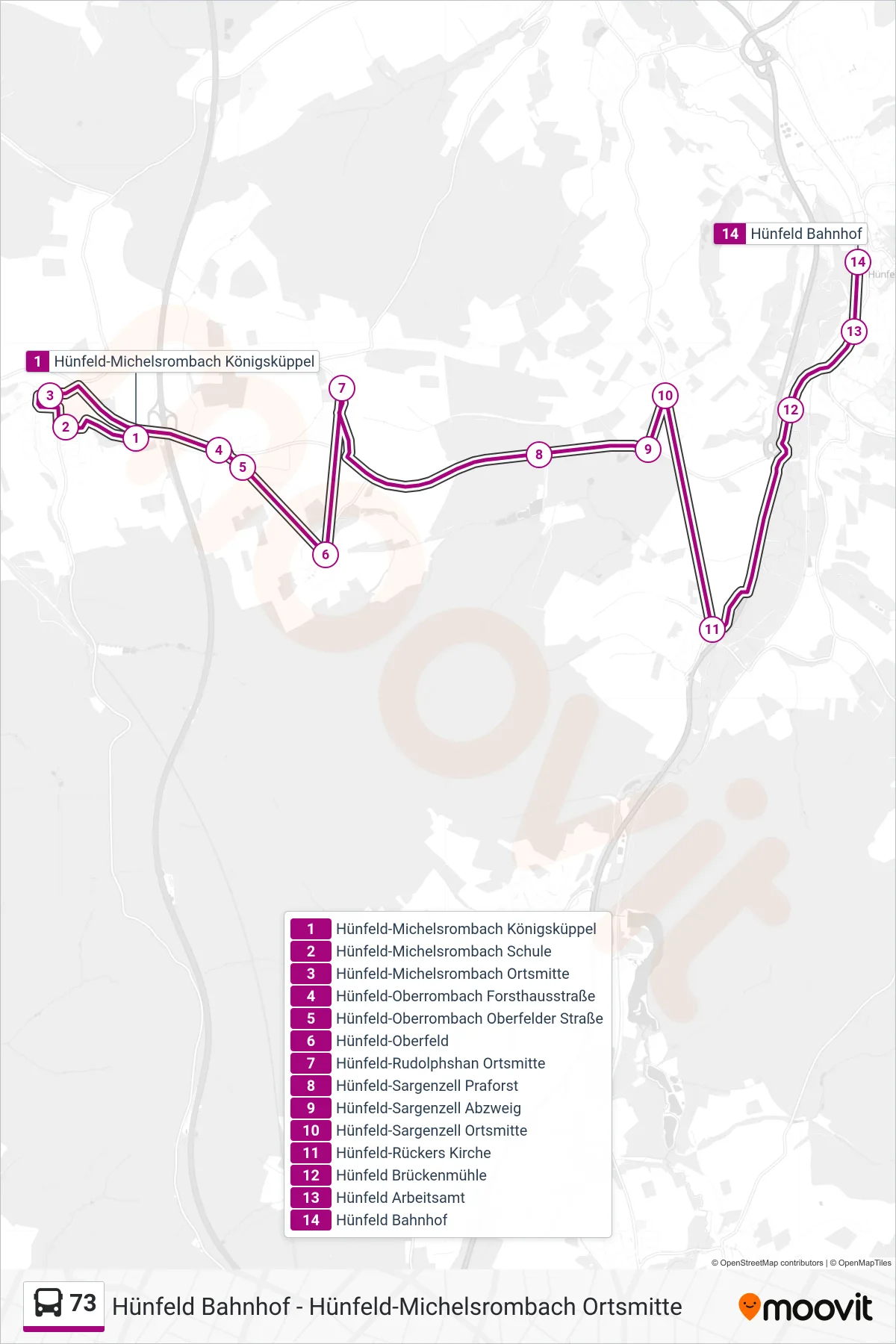 73 bus Line (Hünfeld Bahnhof) route and stops on a map
