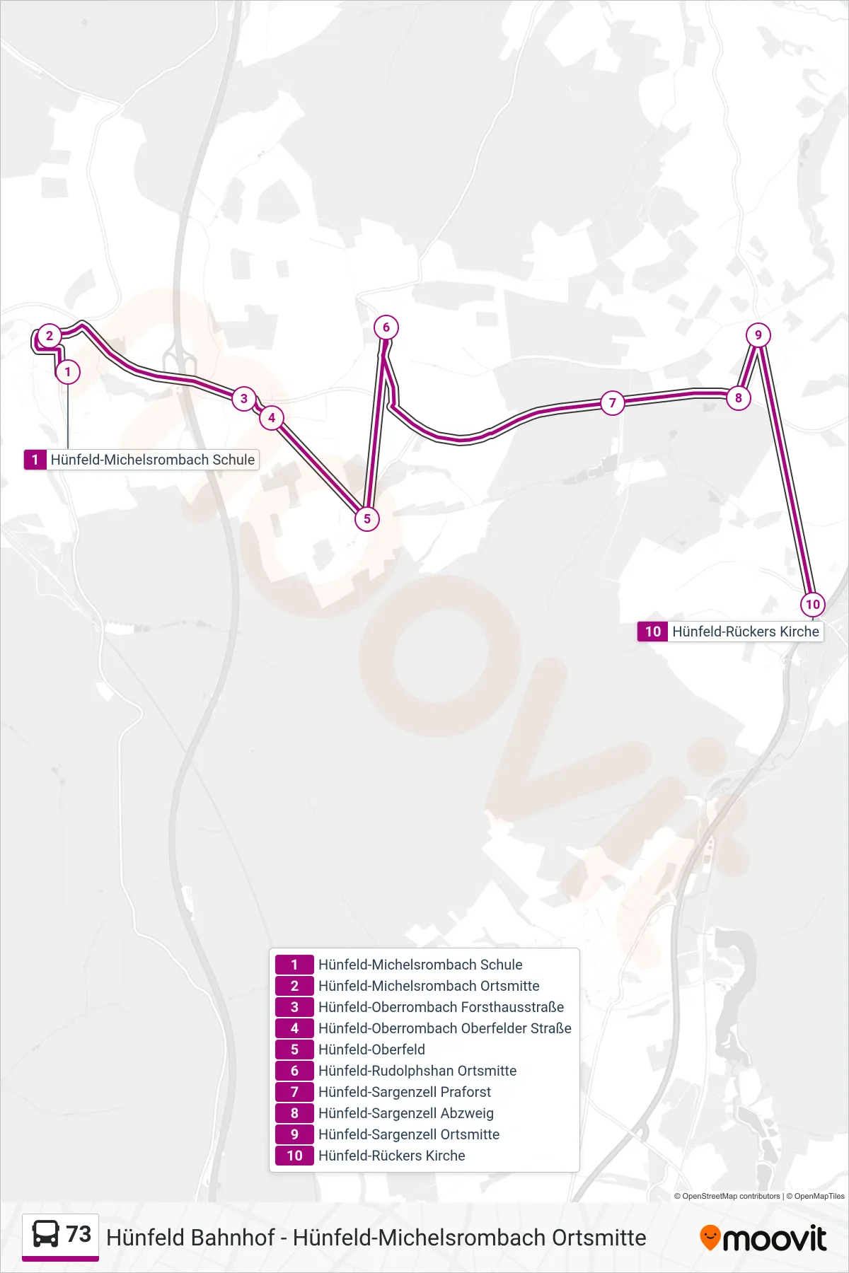 73 bus Line (Hünfeld-Rückers Kirche) route and stops on a map