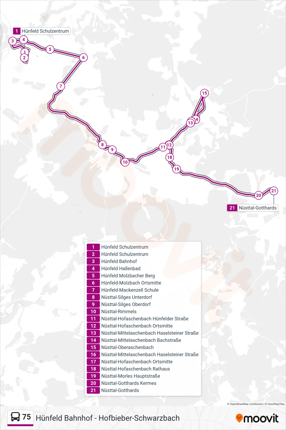 75 bus Line (Nüsttal-Gotthards) route and stops on a map