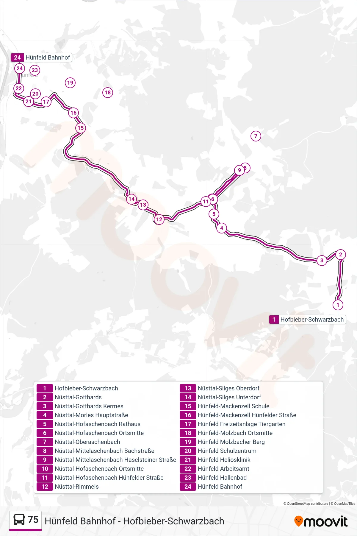 75 bus Line (Hünfeld Bahnhof) route and stops on a map