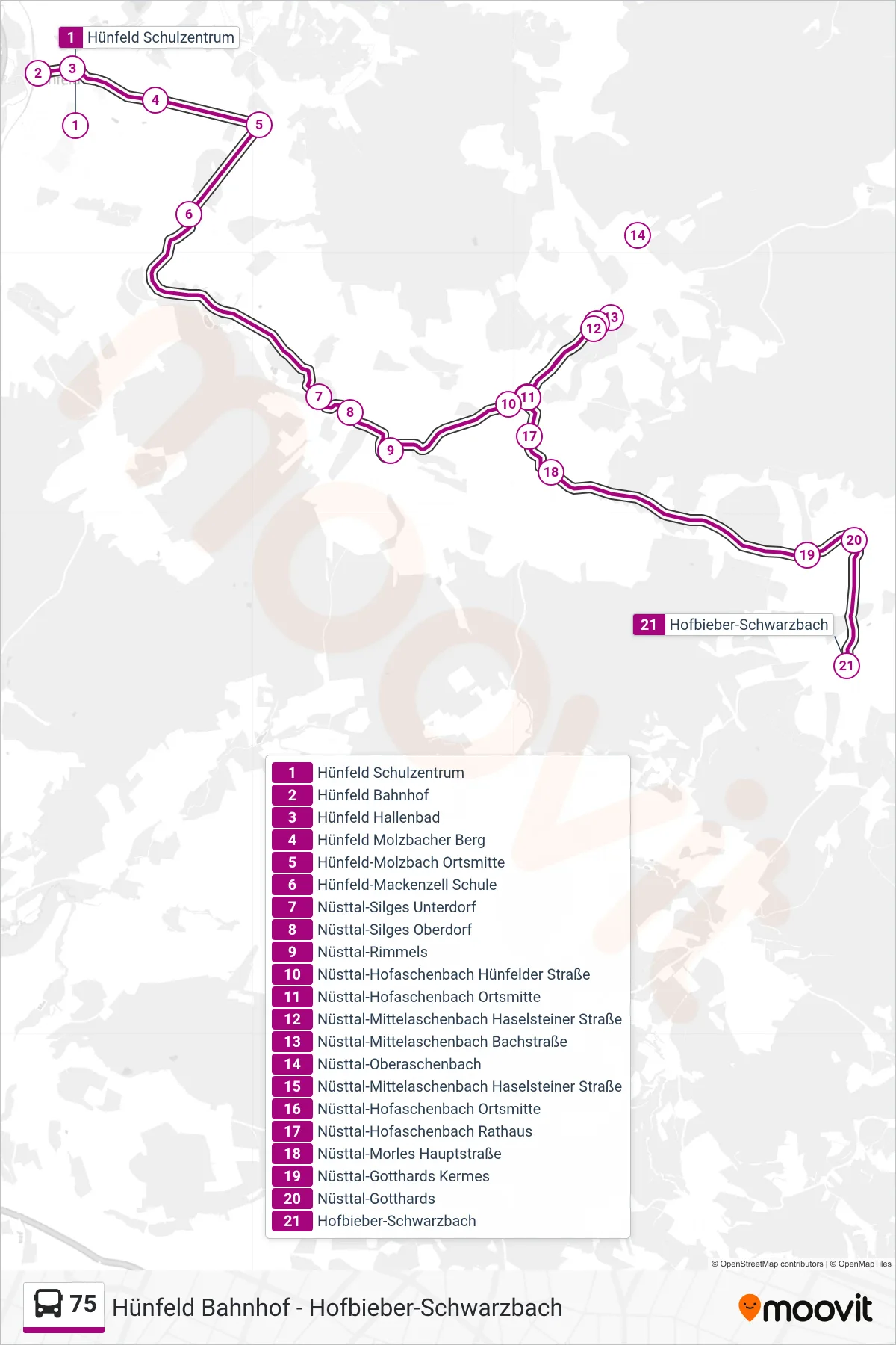 75 bus Line (Hofbieber-Schwarzbach) route and stops on a map