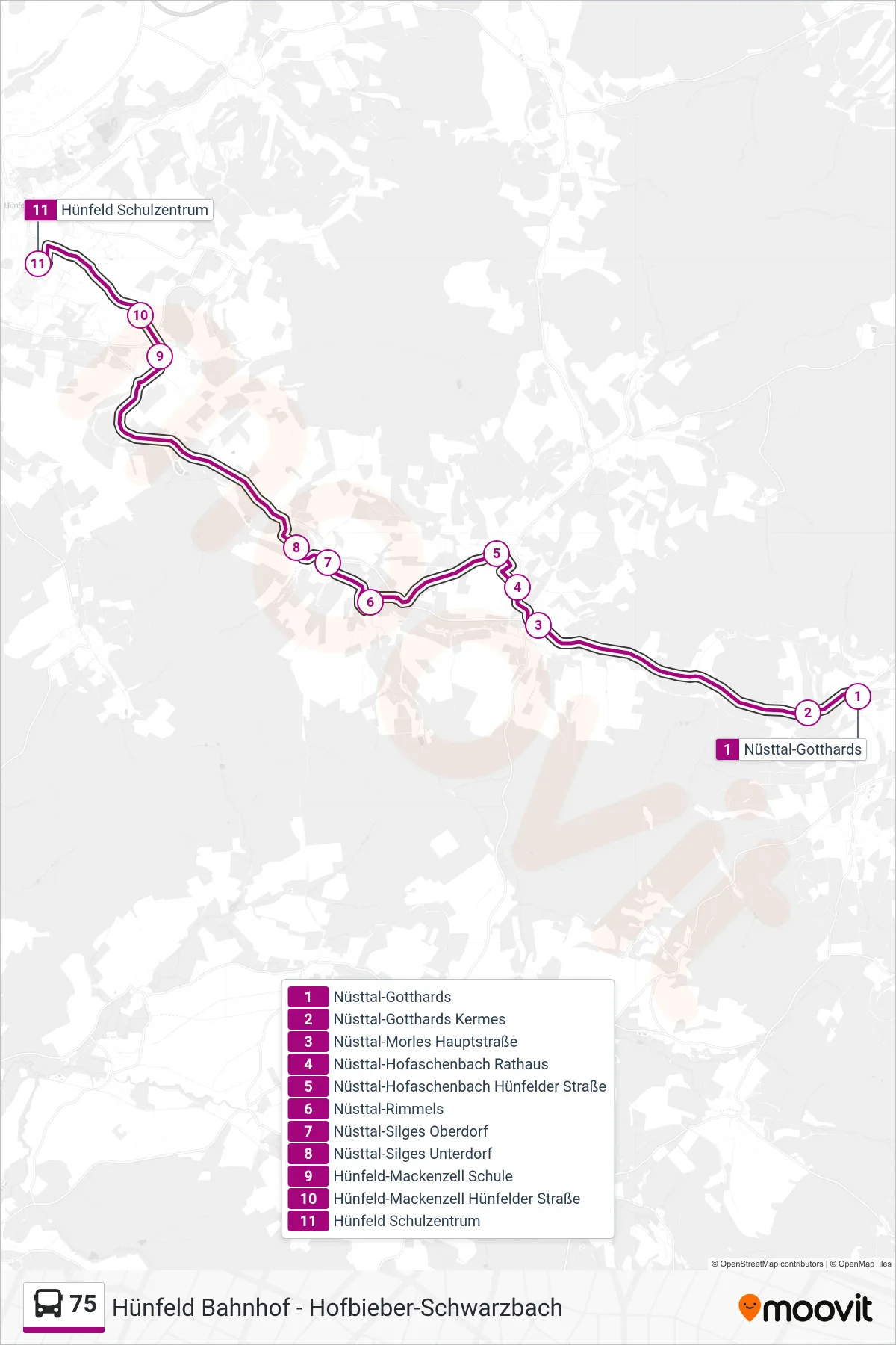 Linie 75 (Bus) Richtung Hünfeld Schulzentrum: Route und Haltestellen auf der Karte