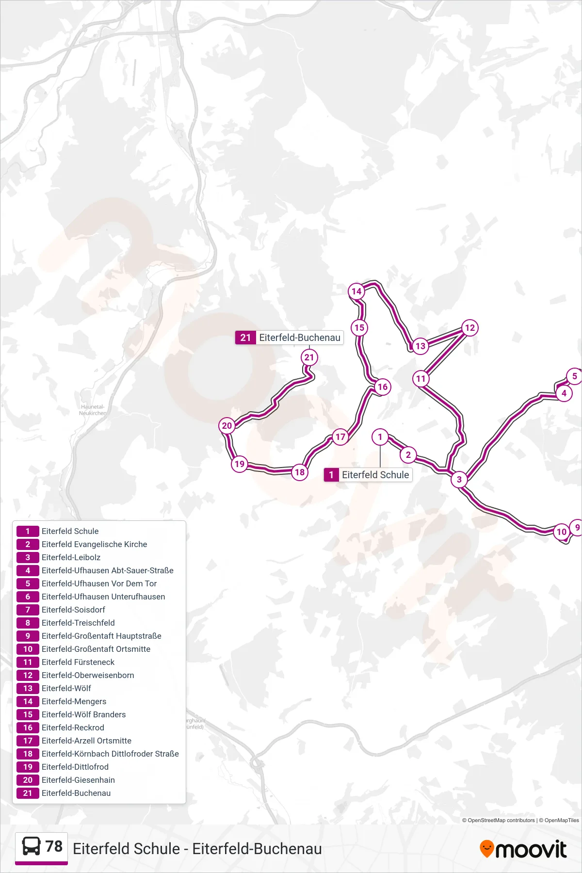 78 bus Line (Eiterfeld-Buchenau) route and stops on a map