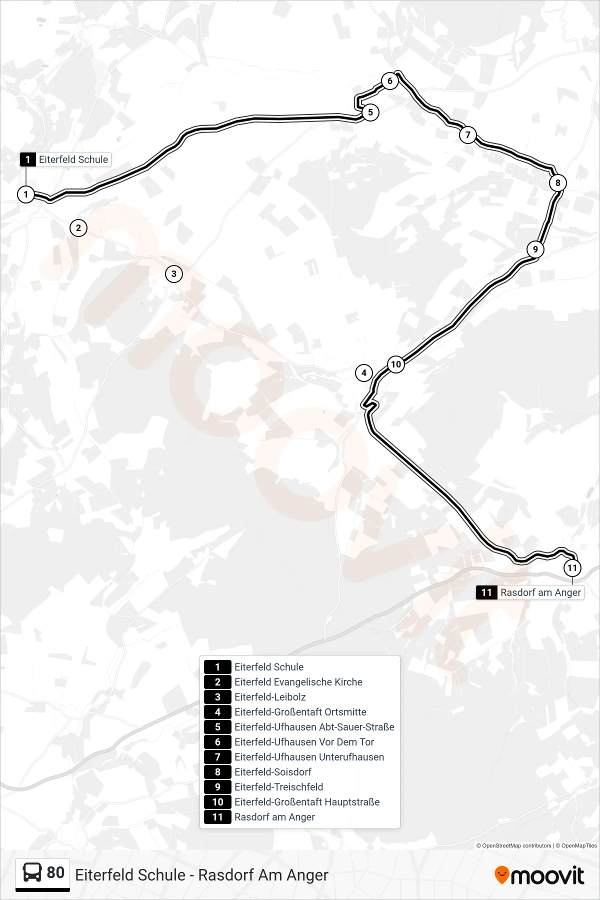 80 bus Line (Rasdorf am Anger) route and stops on a map