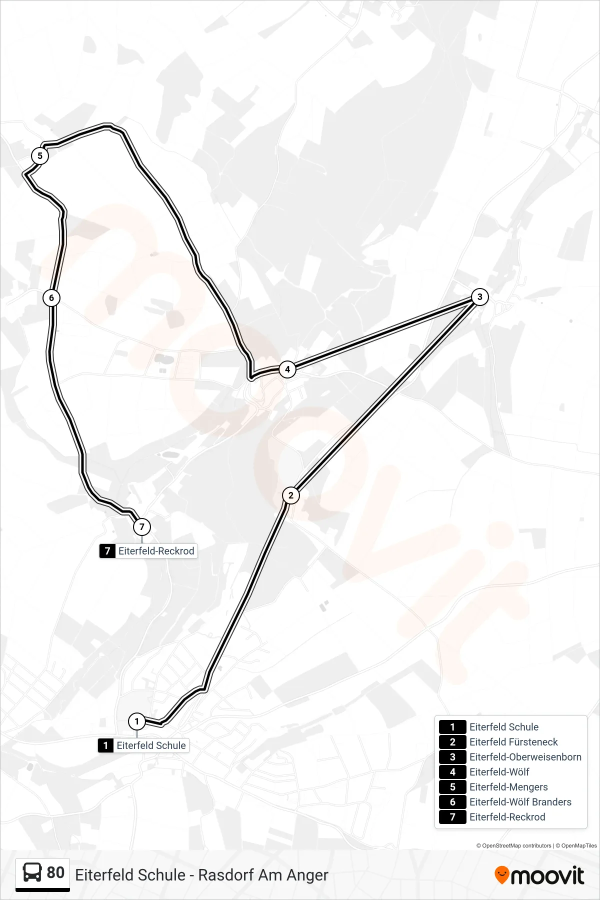80 bus Line (Eiterfeld-Reckrod) route and stops on a map
