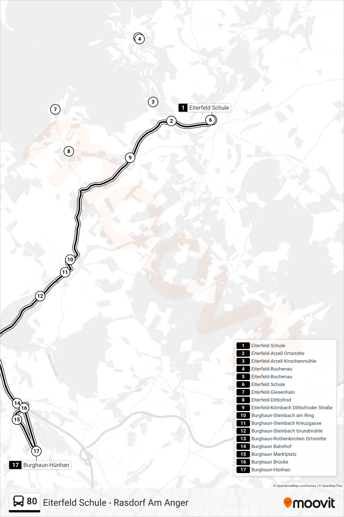 80 bus Line (Burghaun Brücke) route and stops on a map