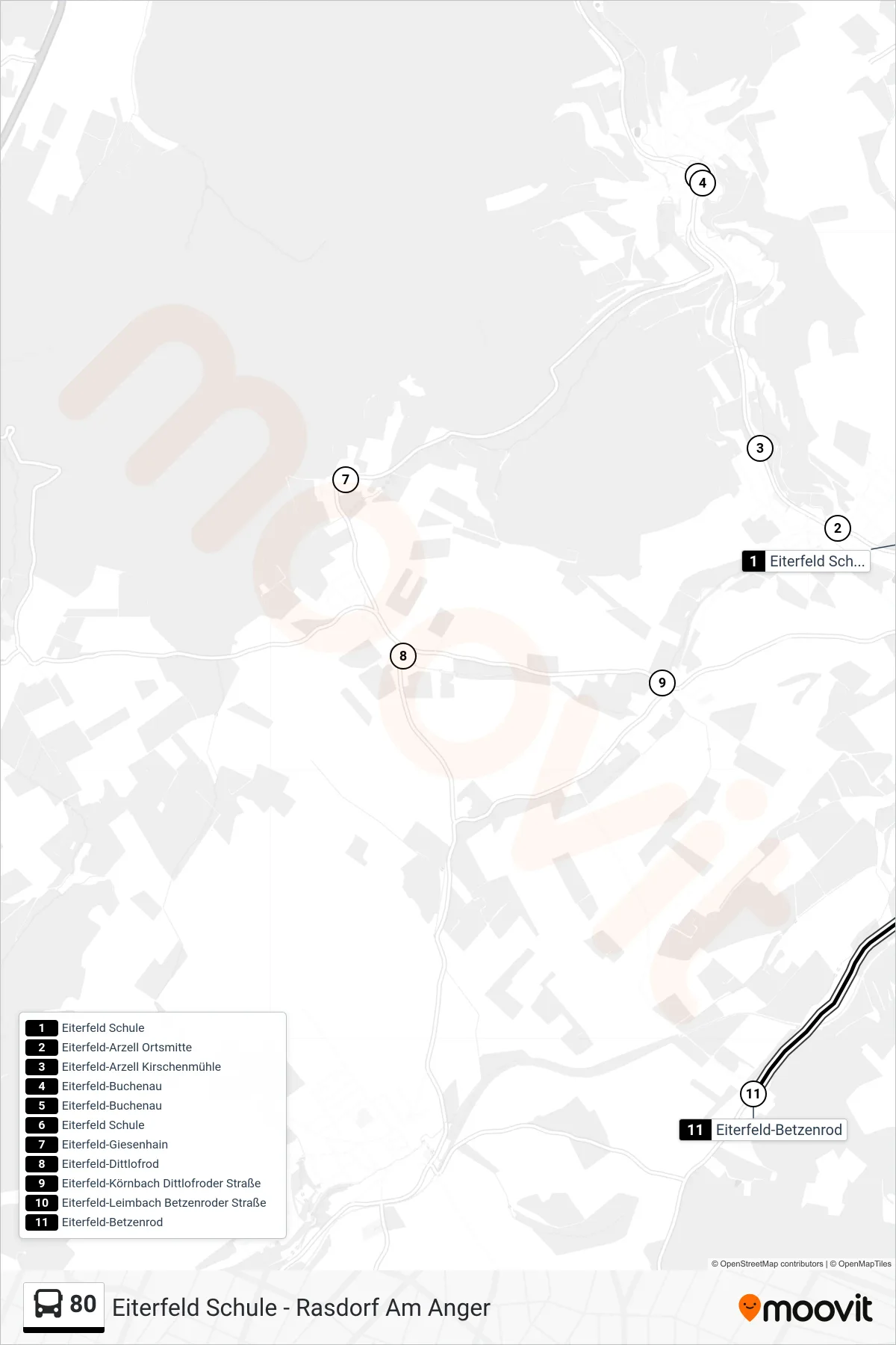 80 bus Line (Eiterfeld-Betzenrod) route and stops on a map