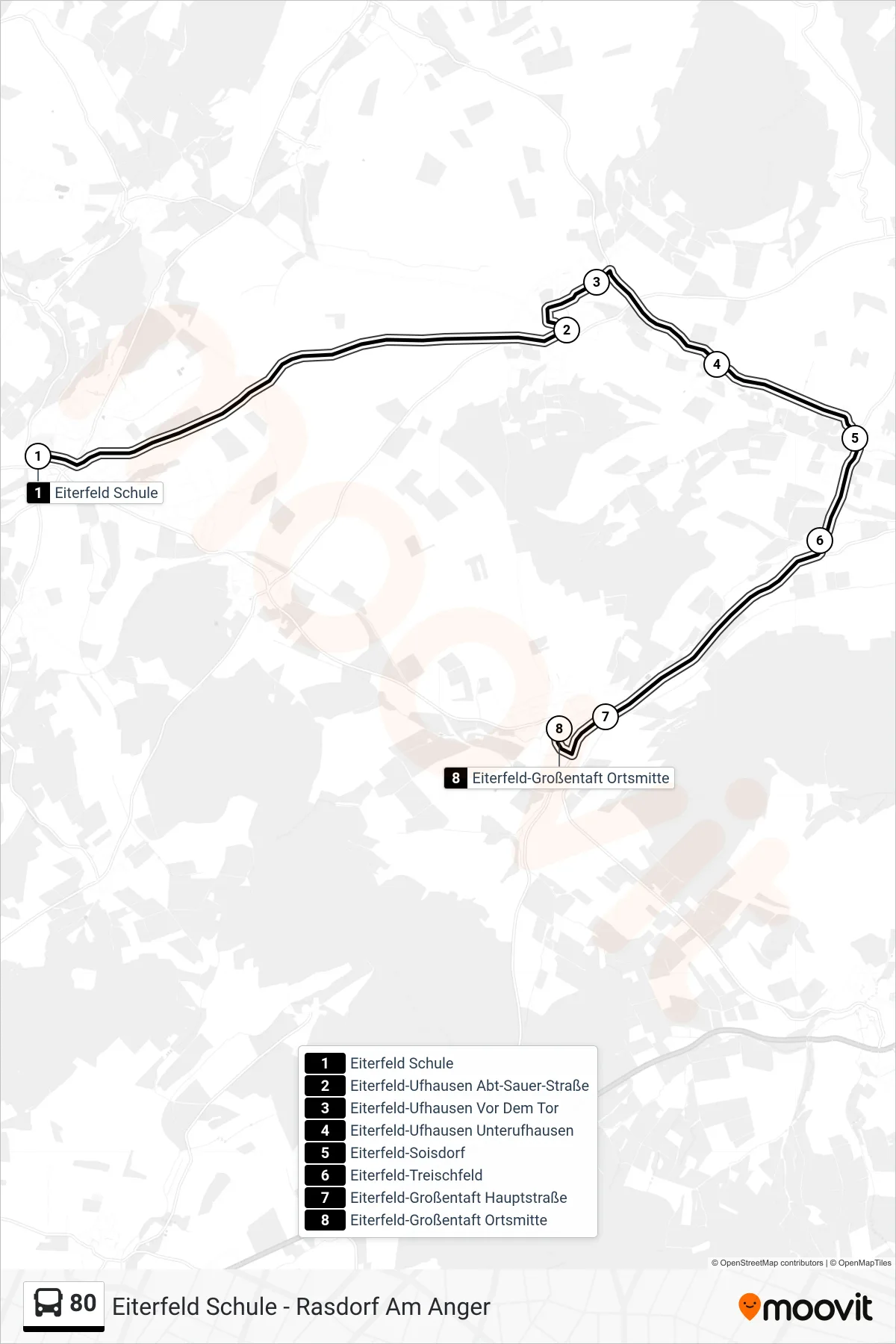 80 bus Line (Eiterfeld-Großentaft Ortsmitte) route and stops on a map