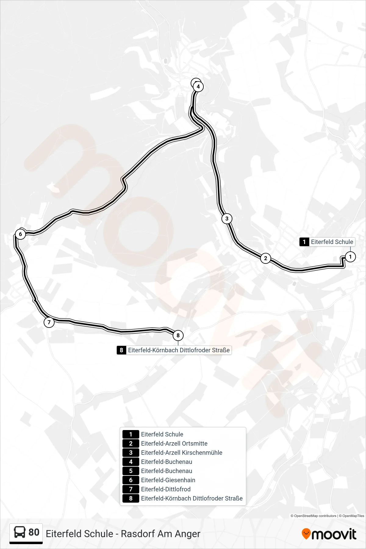 80 bus Line (Eiterfeld-Körnbach Dittlofroder Straße) route and stops on a map