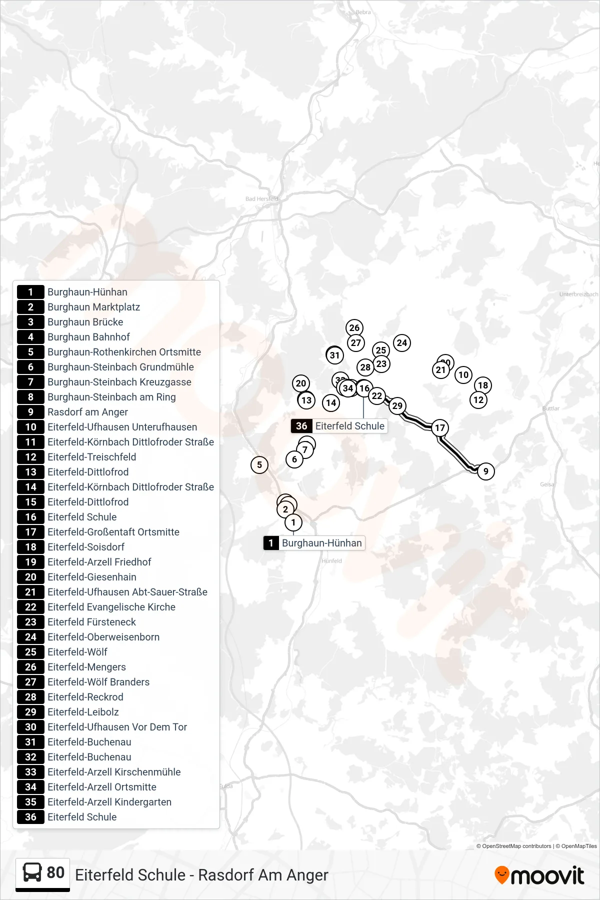 80 bus Line (Eiterfeld Schule) route and stops on a map