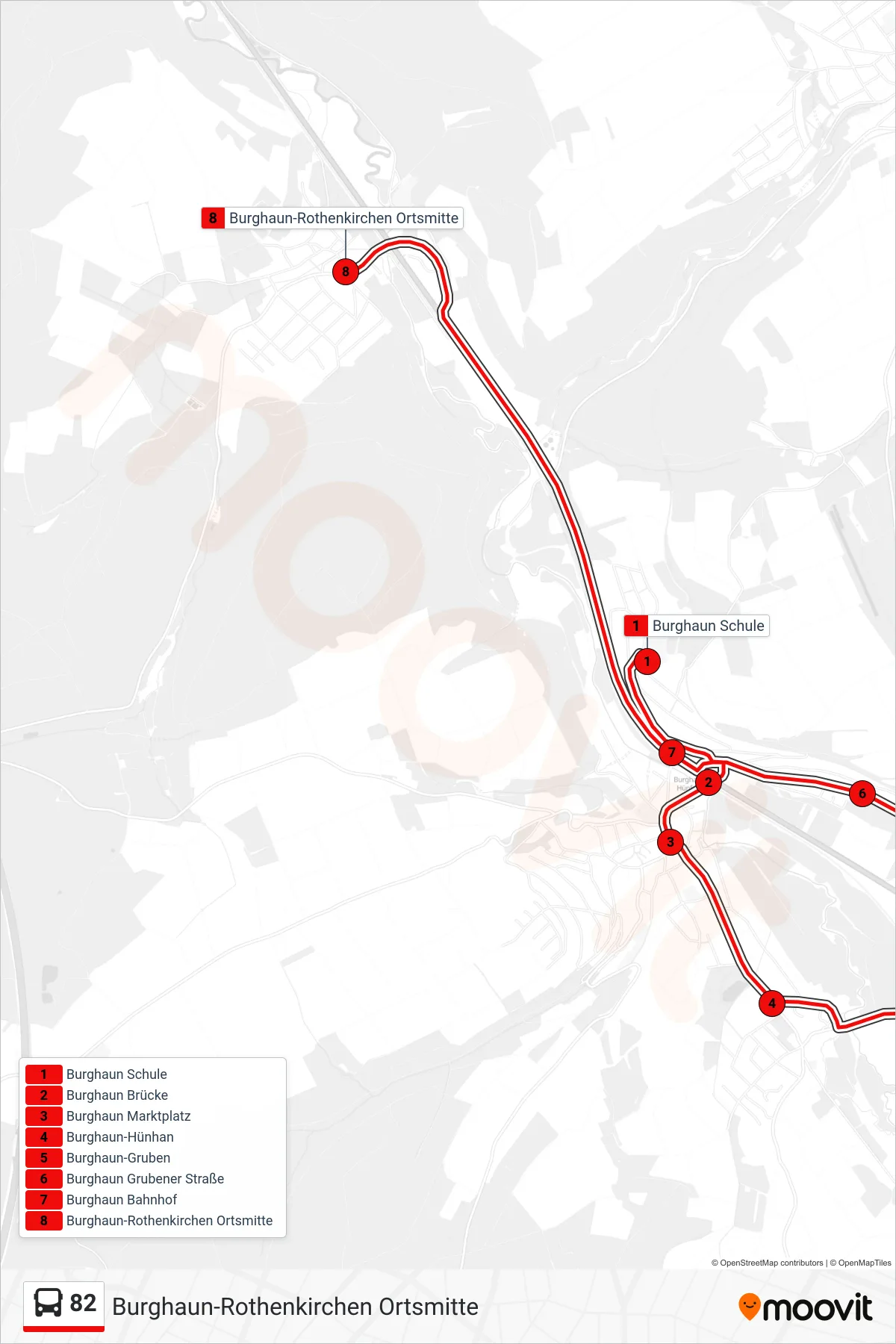 Linie 82 (Bus) Richtung Burghaun-Rothenkirchen Ortsmitte: Route und Haltestellen auf der Karte