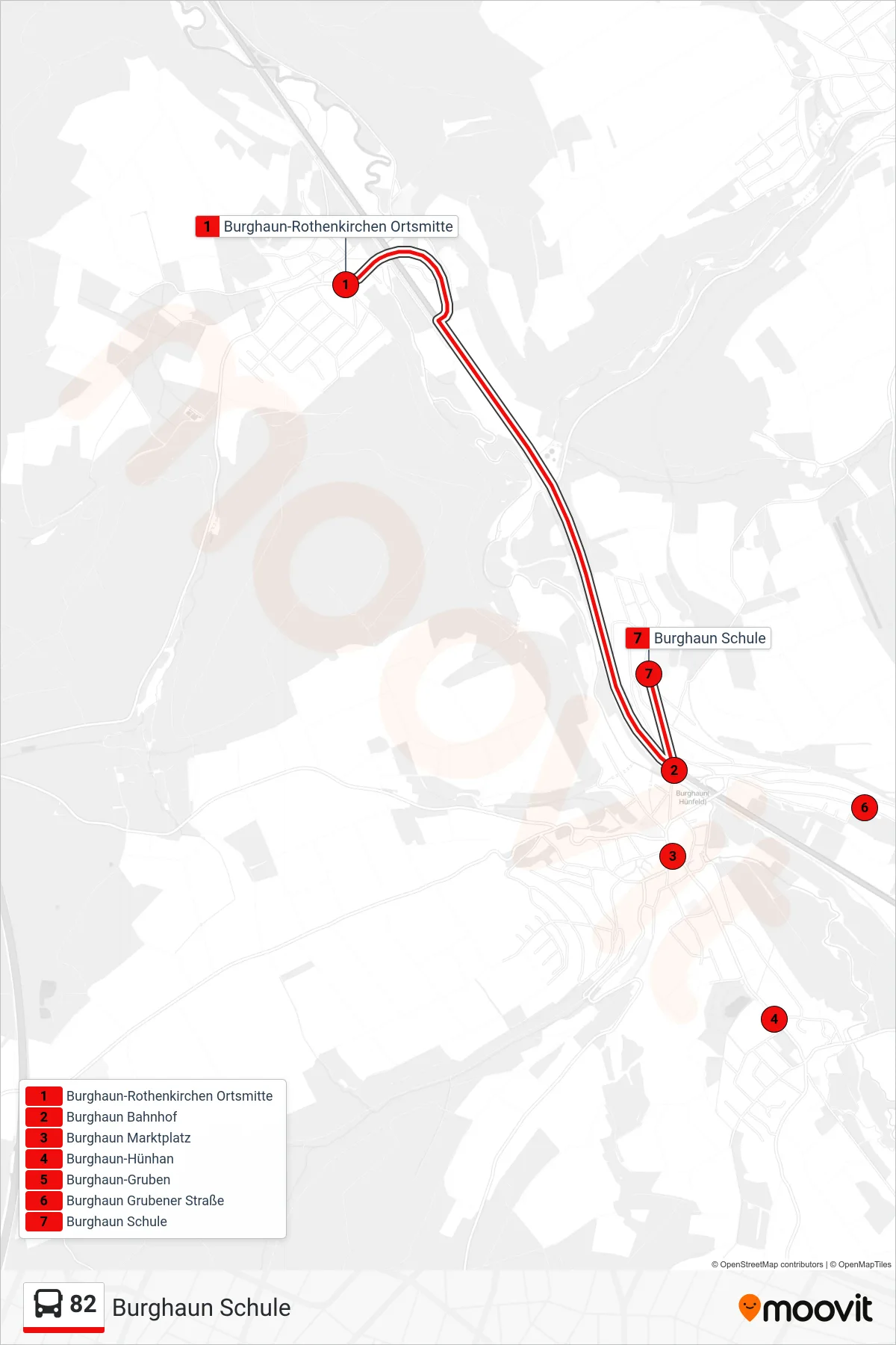 82 bus Line (Burghaun Schule) route and stops on a map