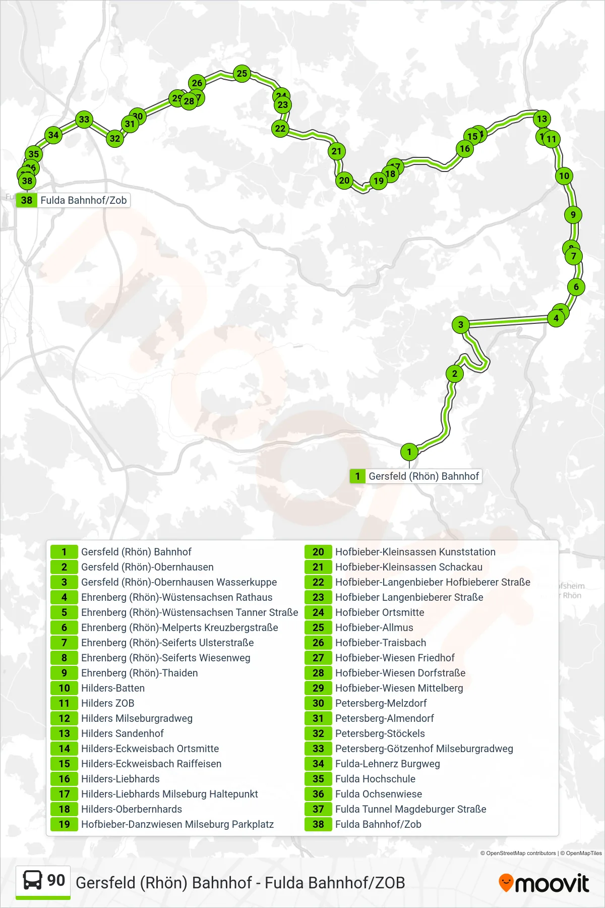 Linie 90 (Bus) Richtung Fulda Bahnhof/Zob: Route und Haltestellen auf der Karte