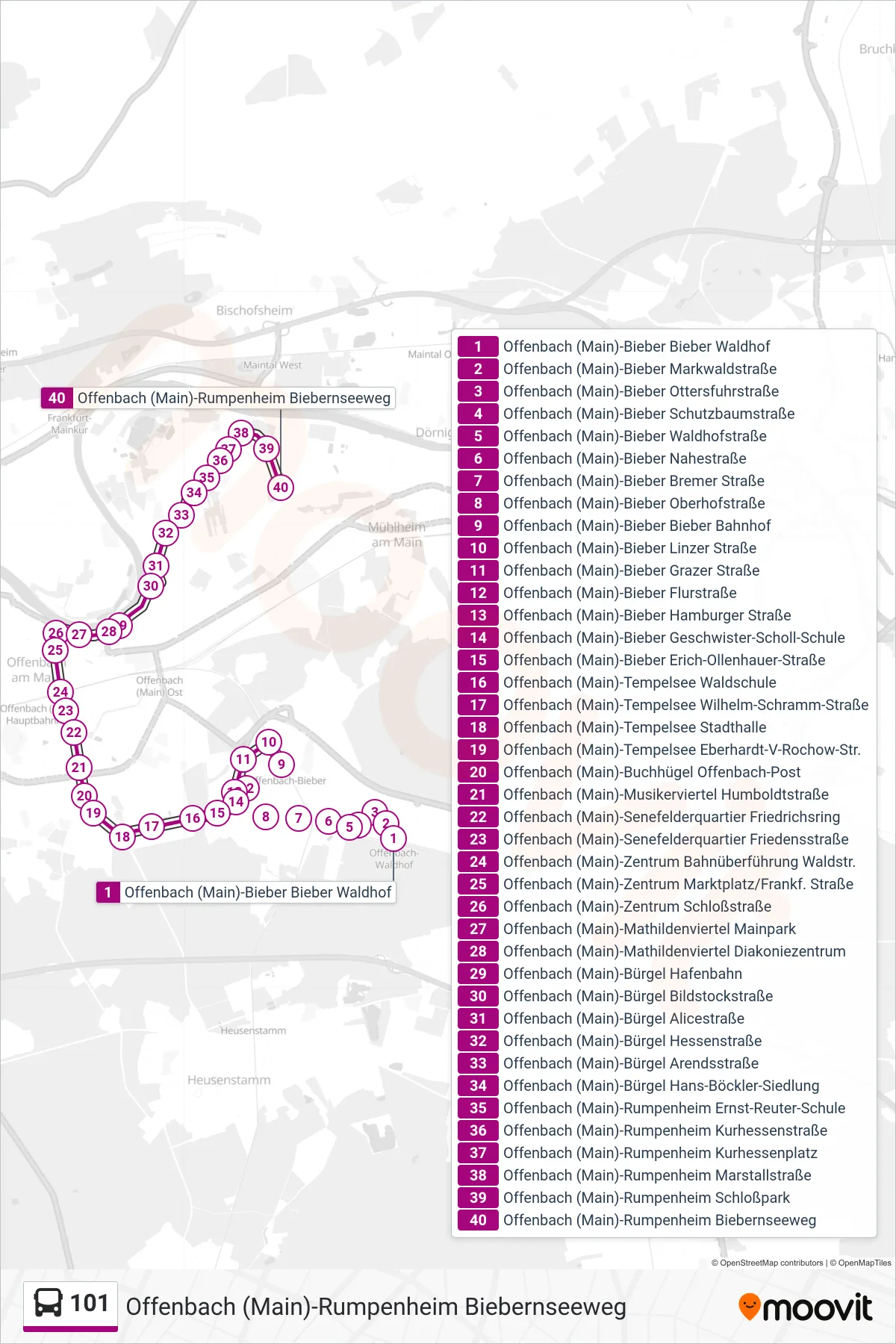 101 bus Line (Offenbach (Main)-Rumpenheim Biebernseeweg) route and stops on a map