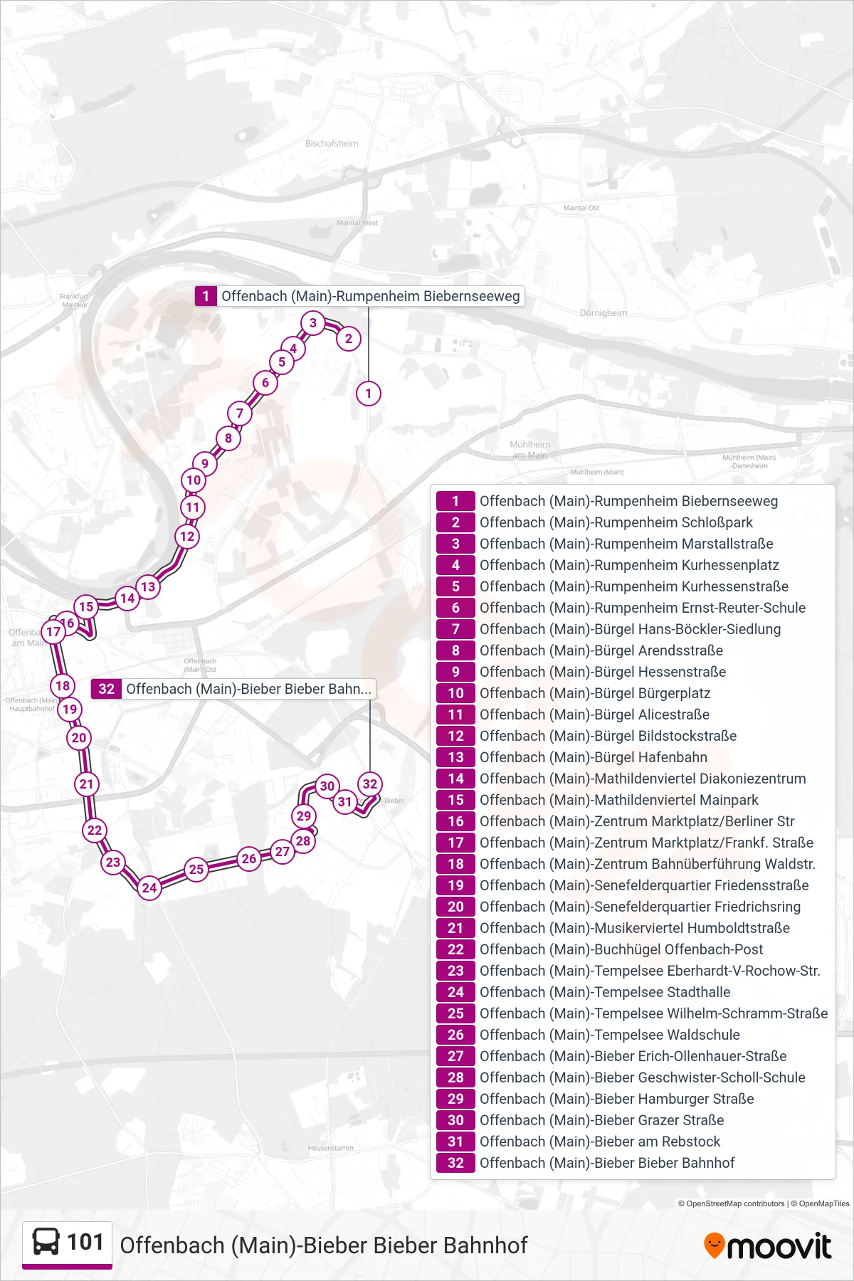 101 bus Line (Offenbach (Main)-Bieber Bieber Bahnhof) route and stops on a map